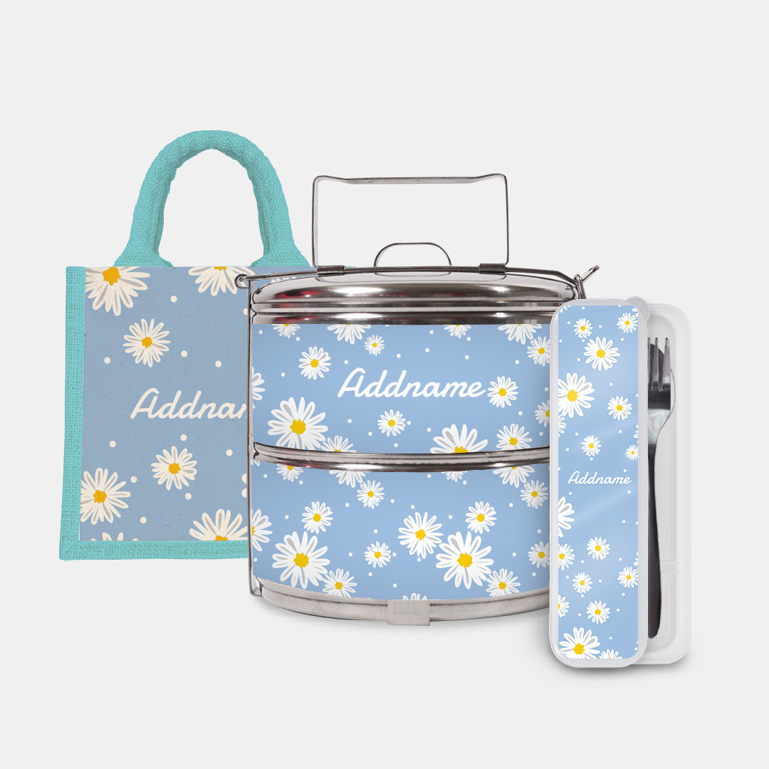 Daisy Series Half Lining Lunch Bag, Standard Two Tier Tiffin Carrier And Cutlery Set - Frost Light Blue