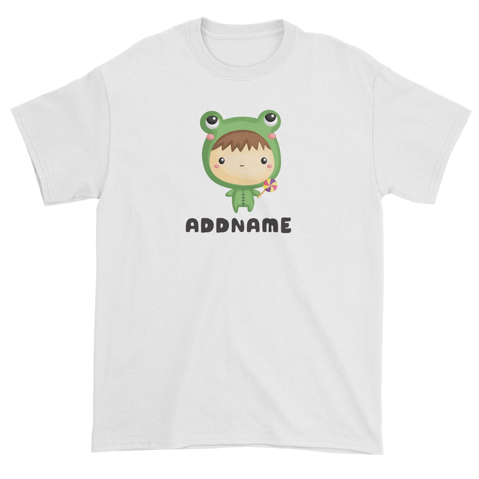 Birthday Frog Baby Boy Wearing Frog Suit Holding Lolipop Addname Unisex T-Shirt