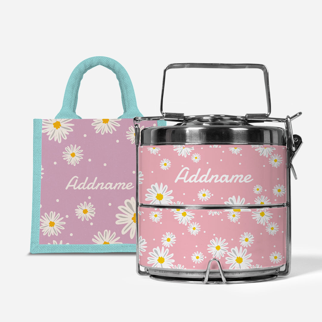 Daisy Series Half Lining Lunch Bag Wtih Premium Two Tier Tiffin Carrier - Blush