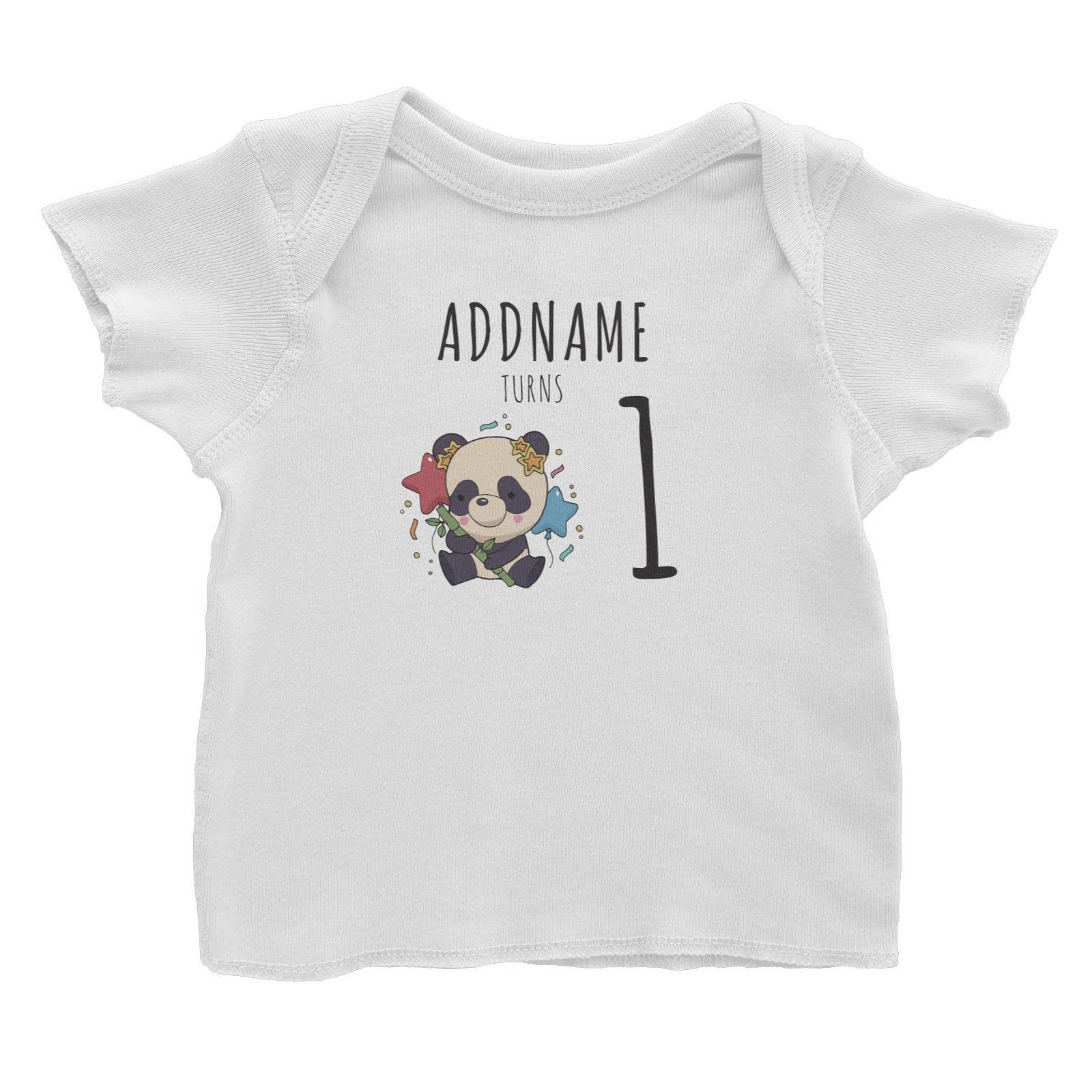 Birthday Sketch Animals Panda with Party Hat Holding Bamboo Addname Turns 1 Baby T-Shirt
