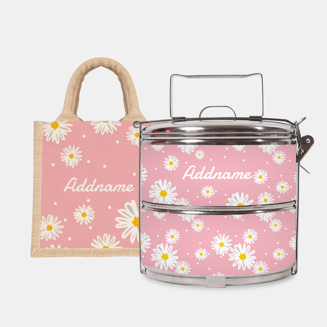 Daisy Series Half Lining Lunch Bag Wtih Standard Two Tier Tiffin Carrier - Blush Natural