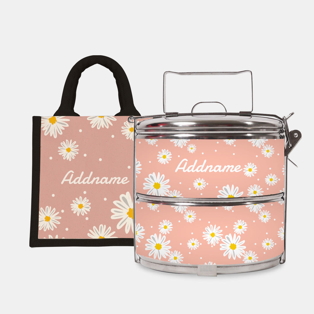 Daisy Series Half Lining Lunch Bag Wtih Standard Two Tier Tiffin Carrier - Coral Black
