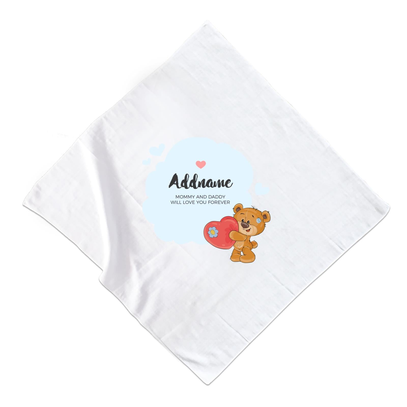 Cute Plush Bear with Big Heart and Blue Cloud Personalizable with Name and Text Muslin Square