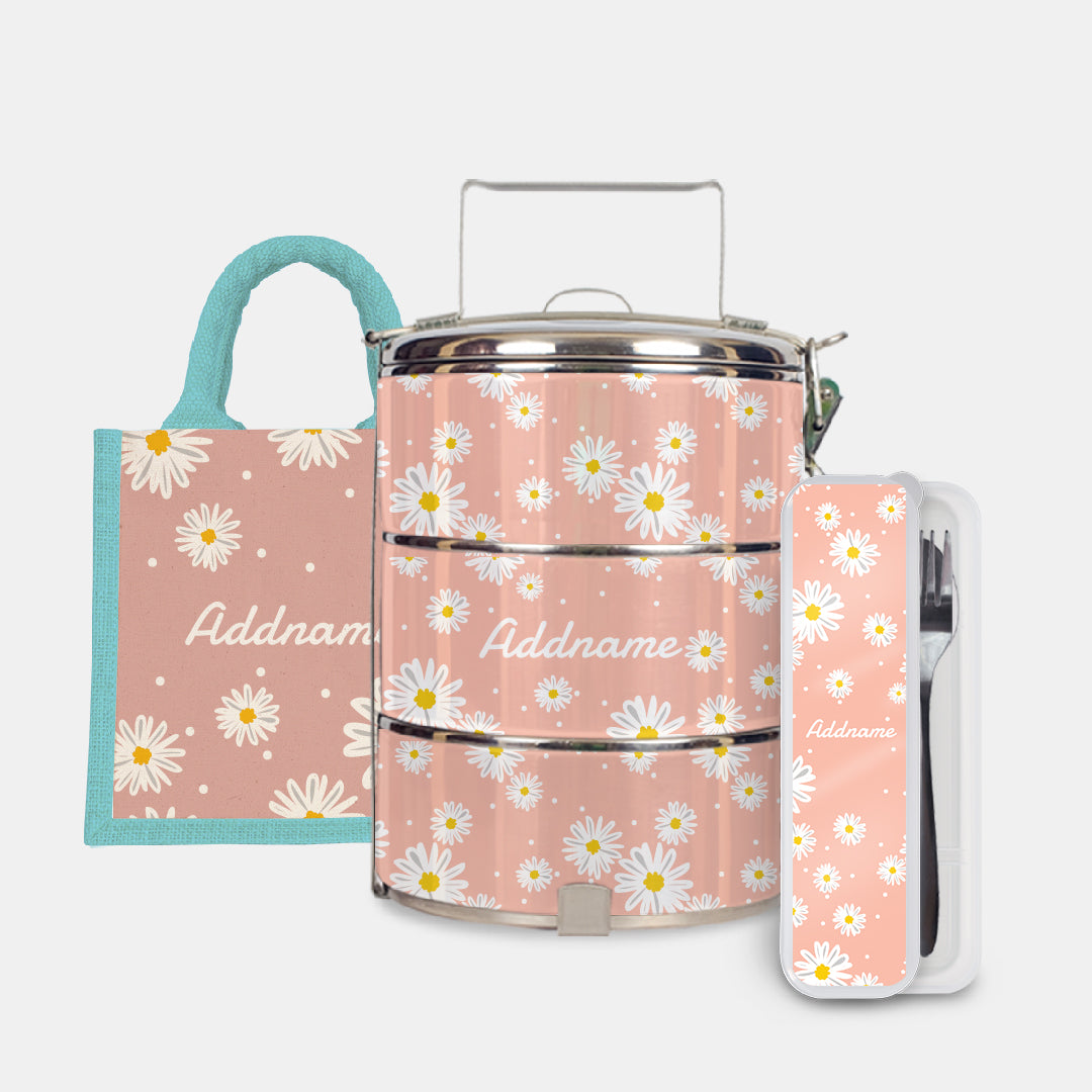 Daisy Series Half Lining Lunch Bag, Standard Tiffin Carrier And Cutlery Set - Coral Light Blue