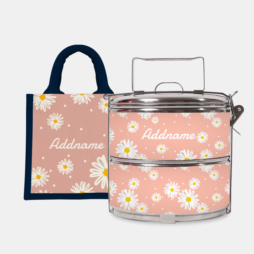 Daisy Series Half Lining Lunch Bag Wtih Standard Two Tier Tiffin Carrier - Coral Navy