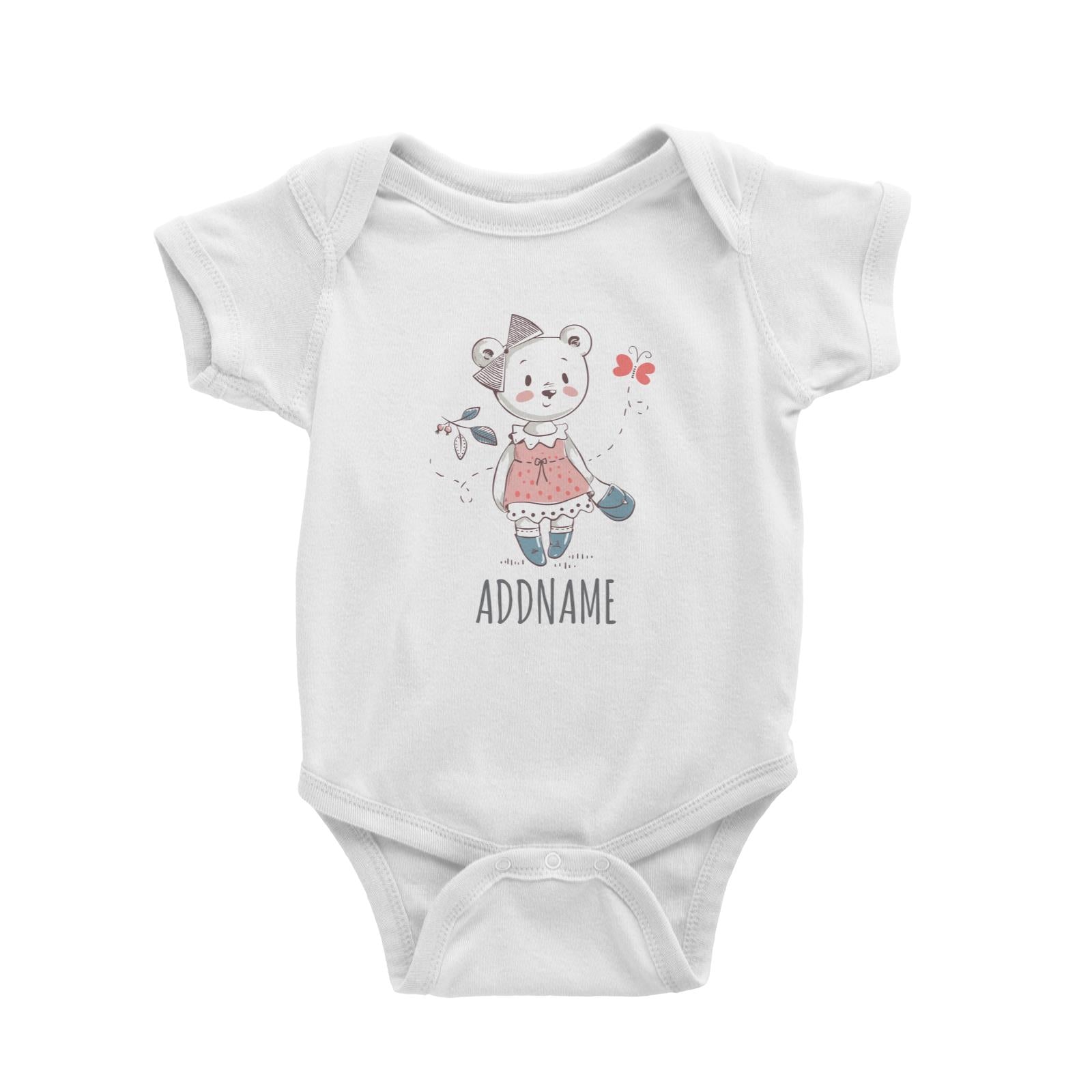 Girl Bear Strolling White Baby Romper Personalizable Designs Cute Sweet Animal For Girls HG
