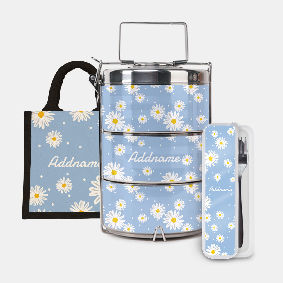 Daisy Series Half Lining Lunch Bag, Premium Tiffin Carrier And Cutlery Set - Frost Black