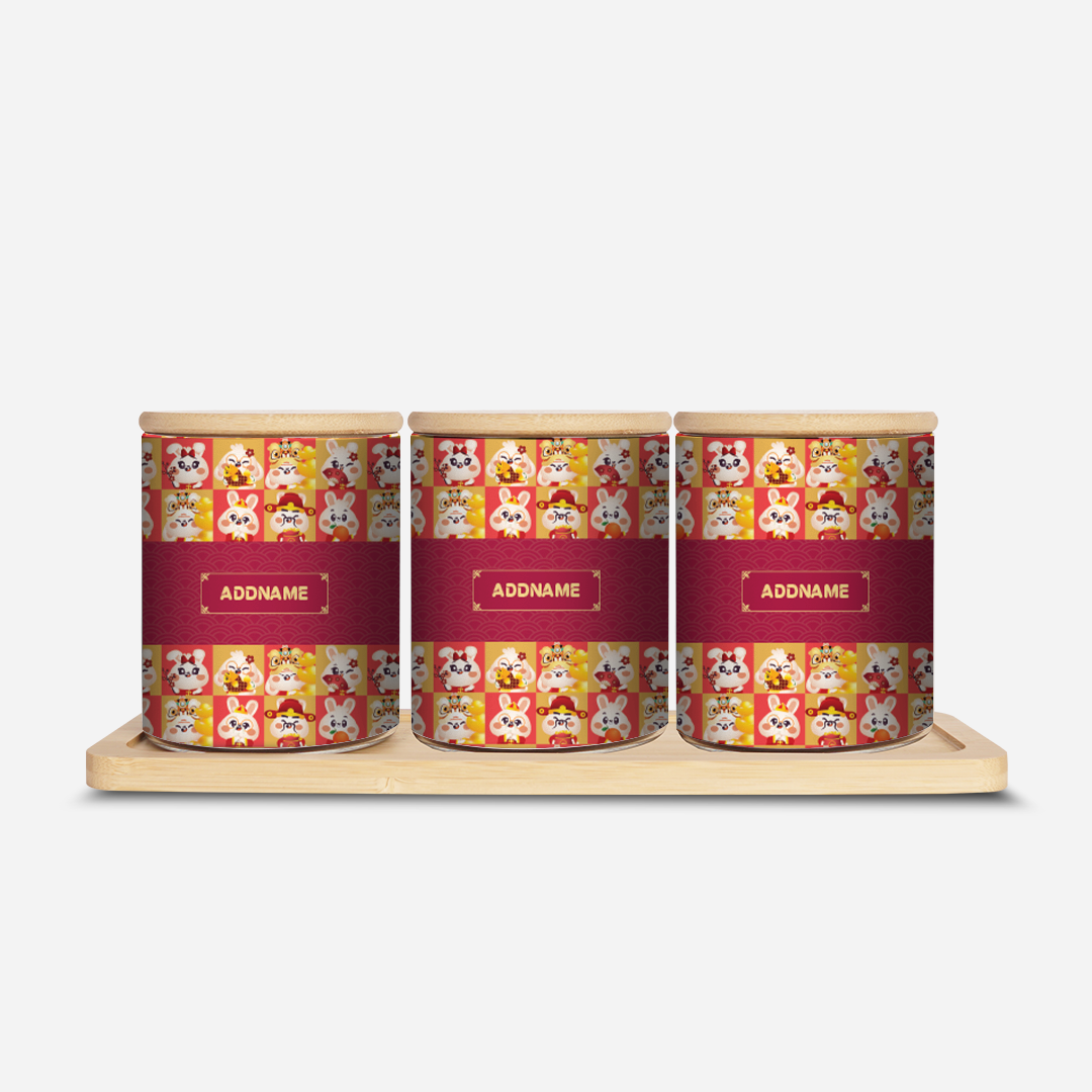 CNY Rabbit Family - Rabbit Family Red Canister With English Personalization