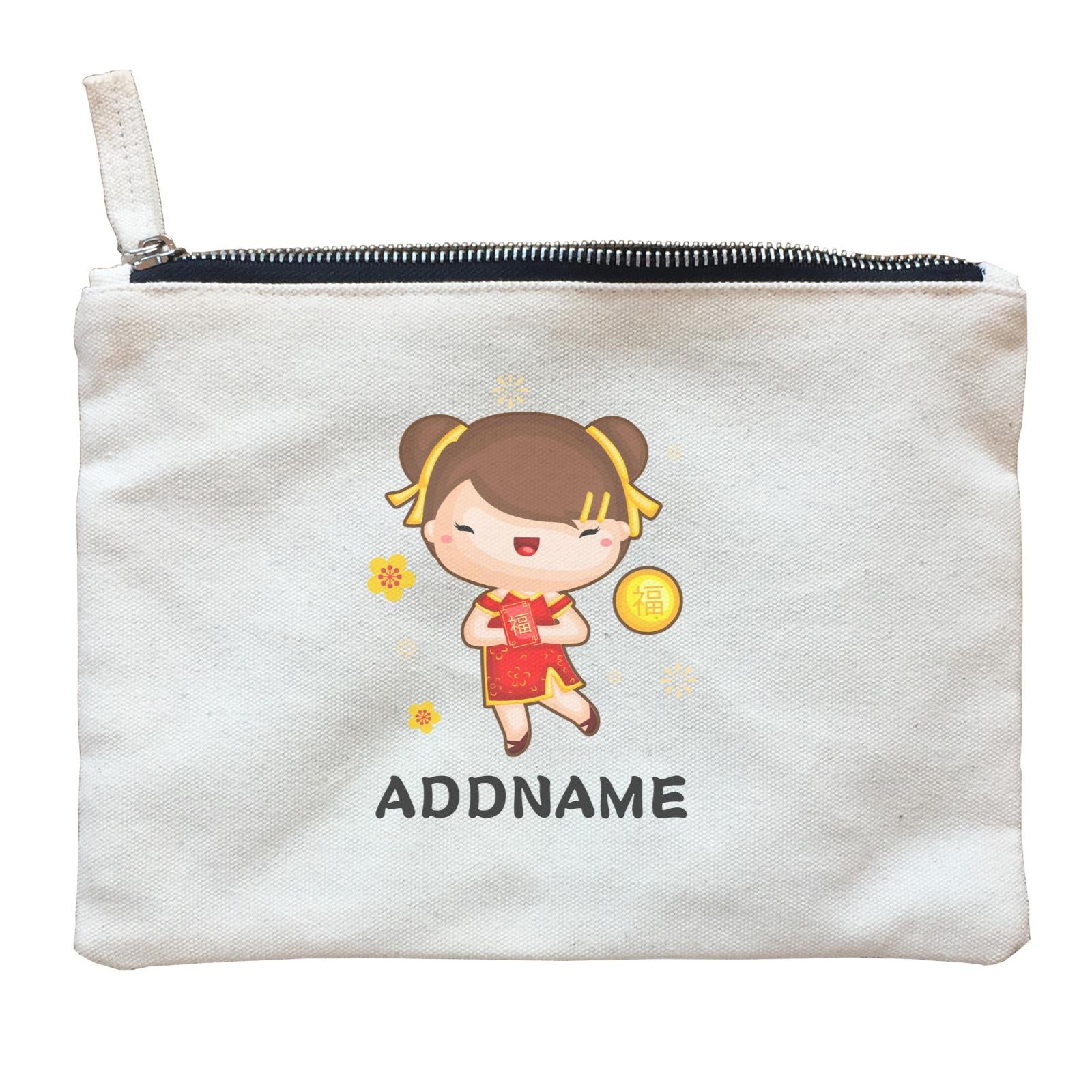 Cute CNY Girl with Red Packet and Happiness Symbol Zipper Pouch