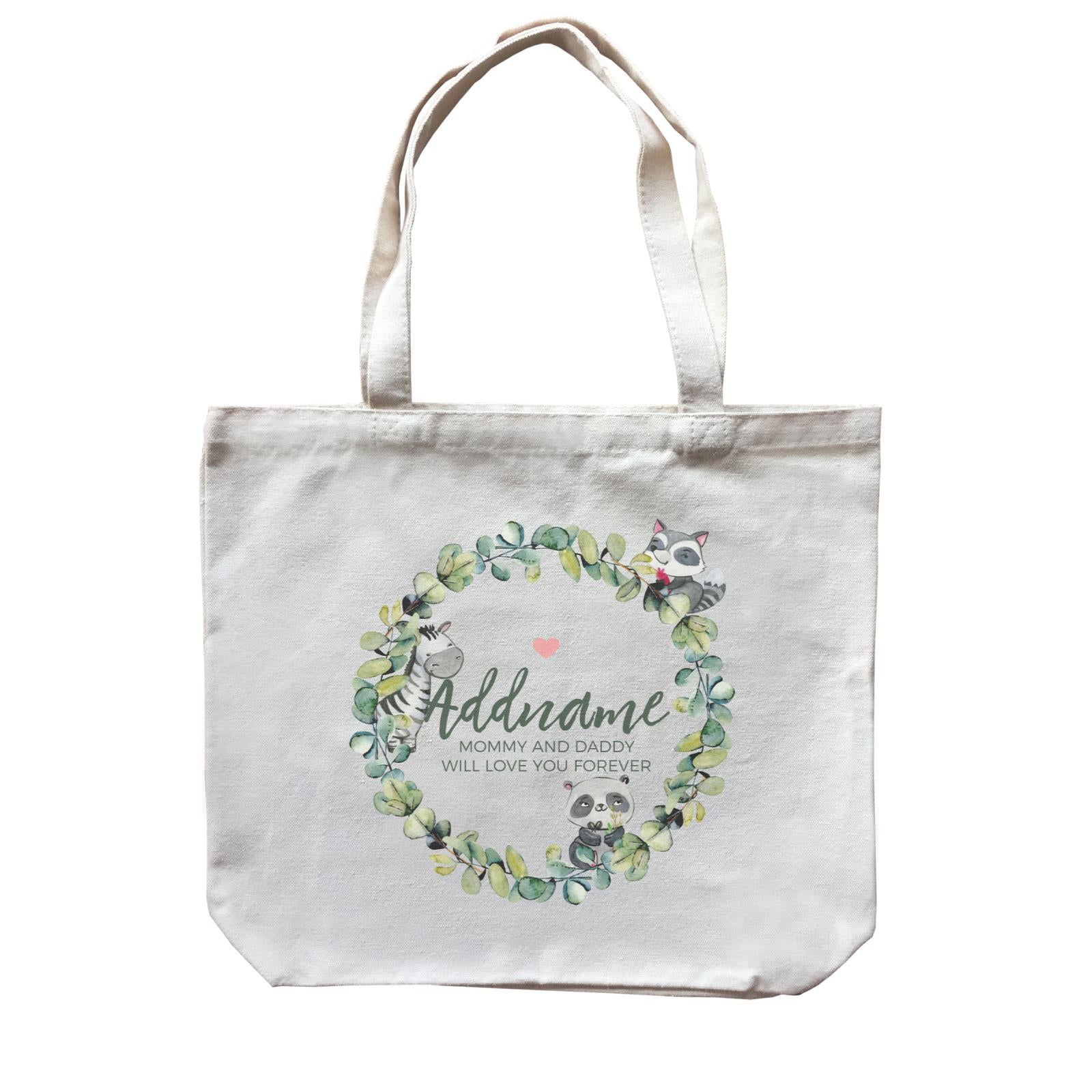 Watercolour Panda Zebra and Racoon Leaf Wreath Personalizable with Name and Text Canvas Bag
