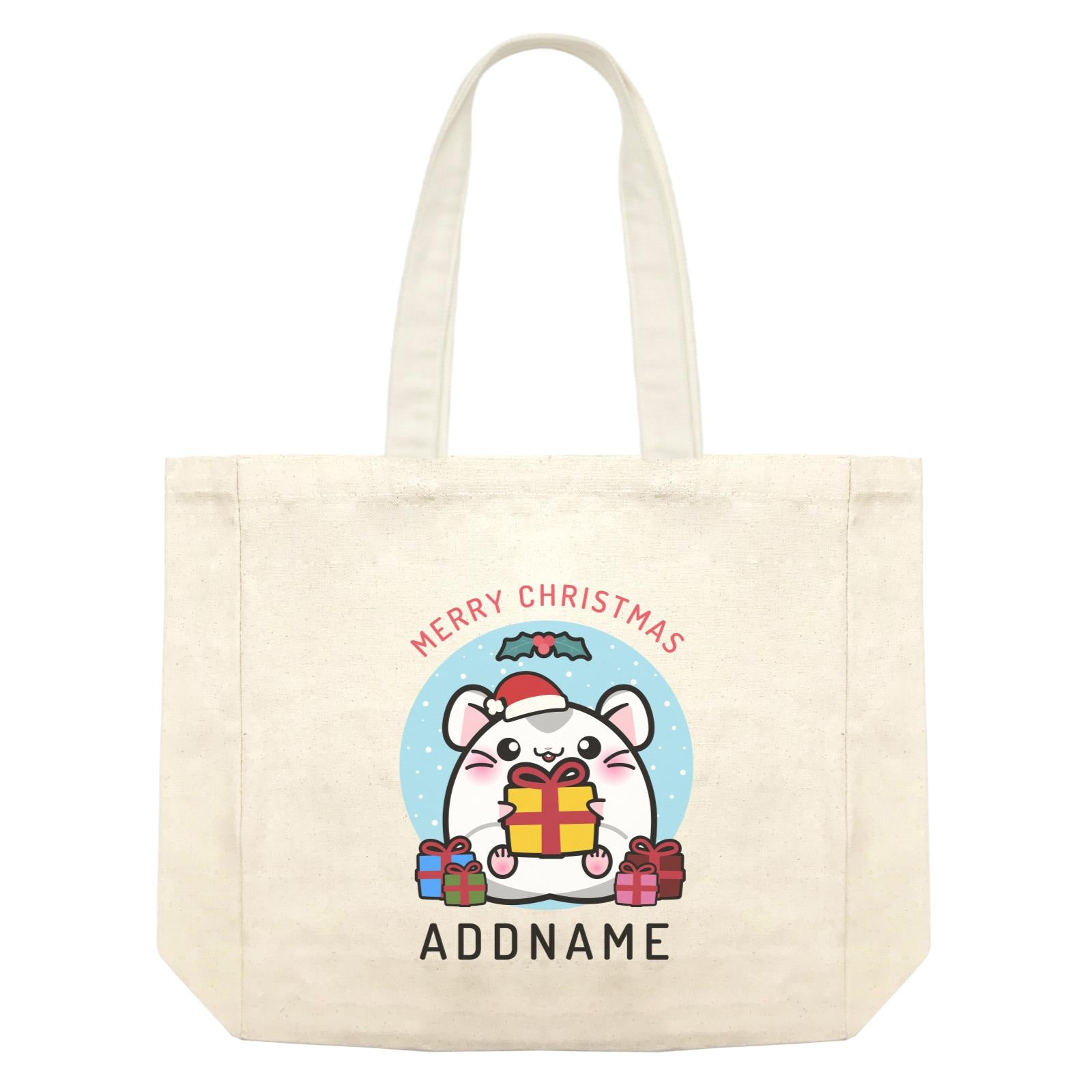 Merry Christmas Cute Santa Boy Hamster with Gifts Shopping Bag