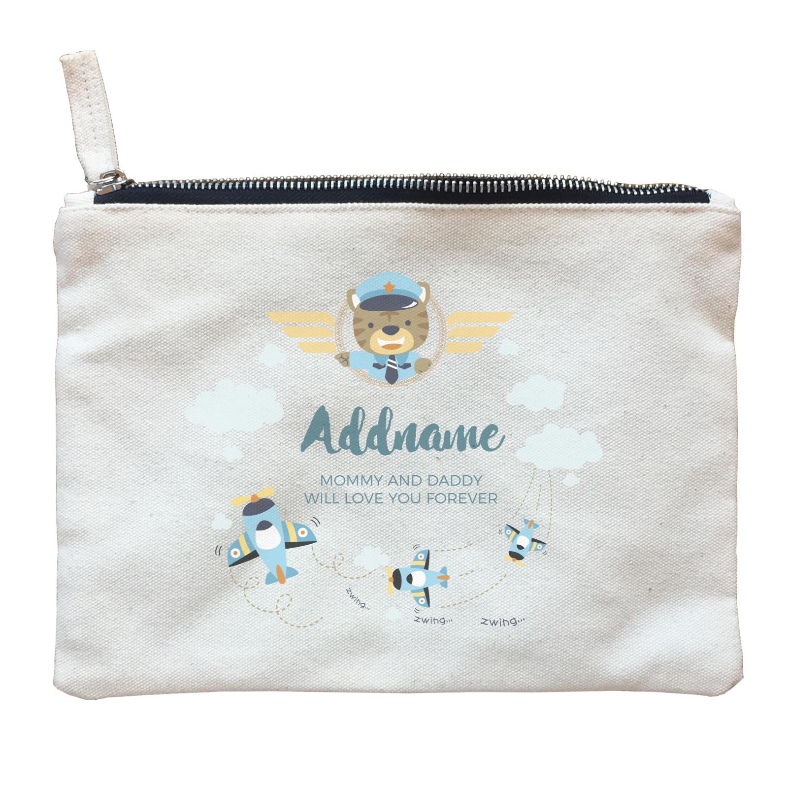 Cute Bear Pilot and Blue Planes Flying Personalizable with Name and Text Zipper Pouch