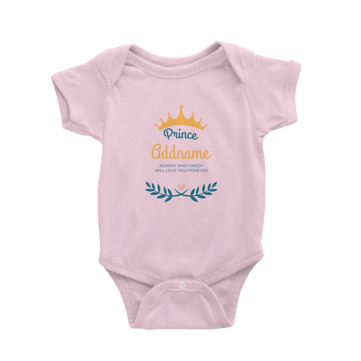 Prince with Crown and Blue Leaves Personalizable with Name and Text Baby Romper