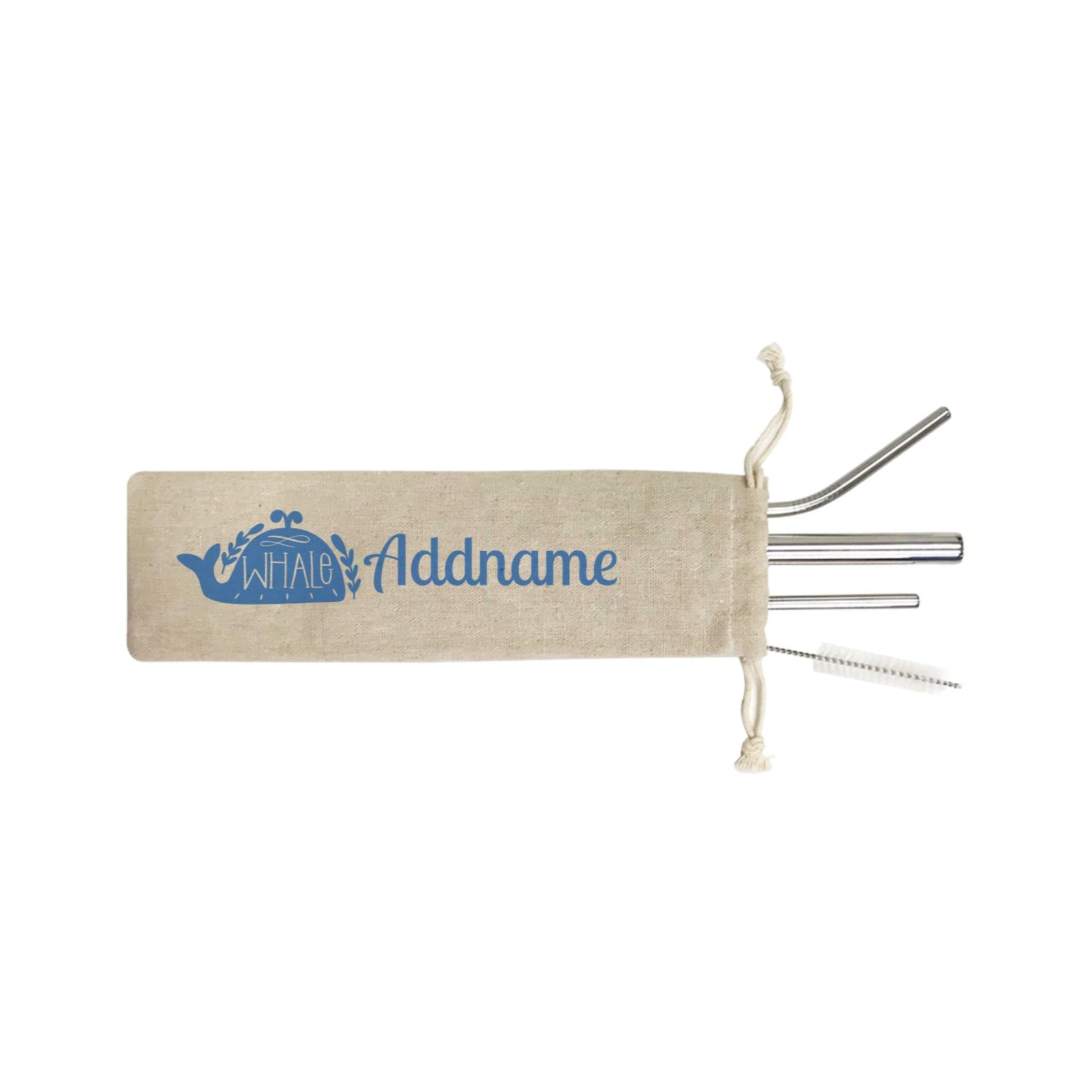 Sea Animal Silhouettes Whale Addname SB 4-in-1 Stainless Steel Straw Set In a Satchel