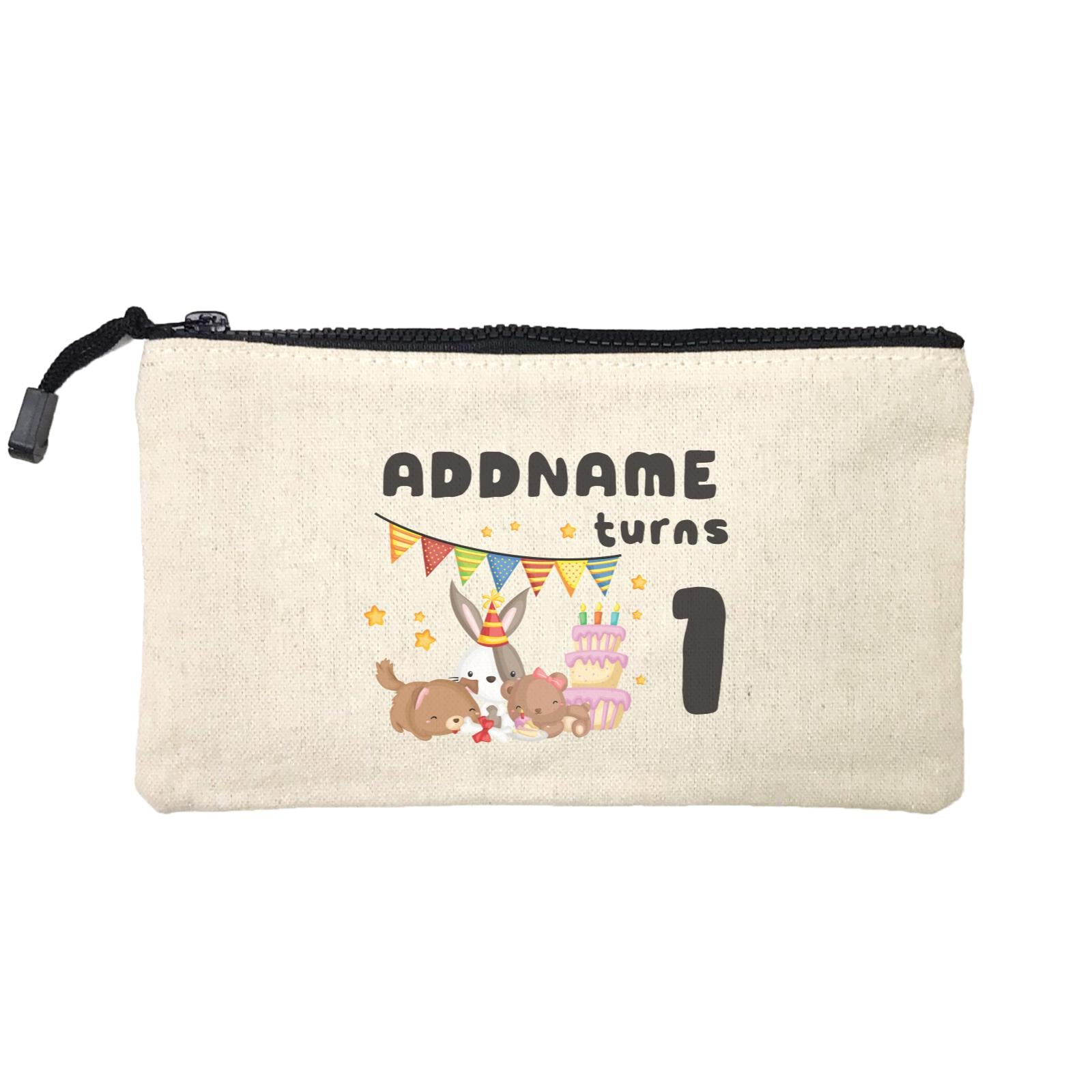 Birthday Friendly Animals Rabbit Bear And Dog Party Eating Cake Addname Turns 1 Mini Accessories Stationery Pouch