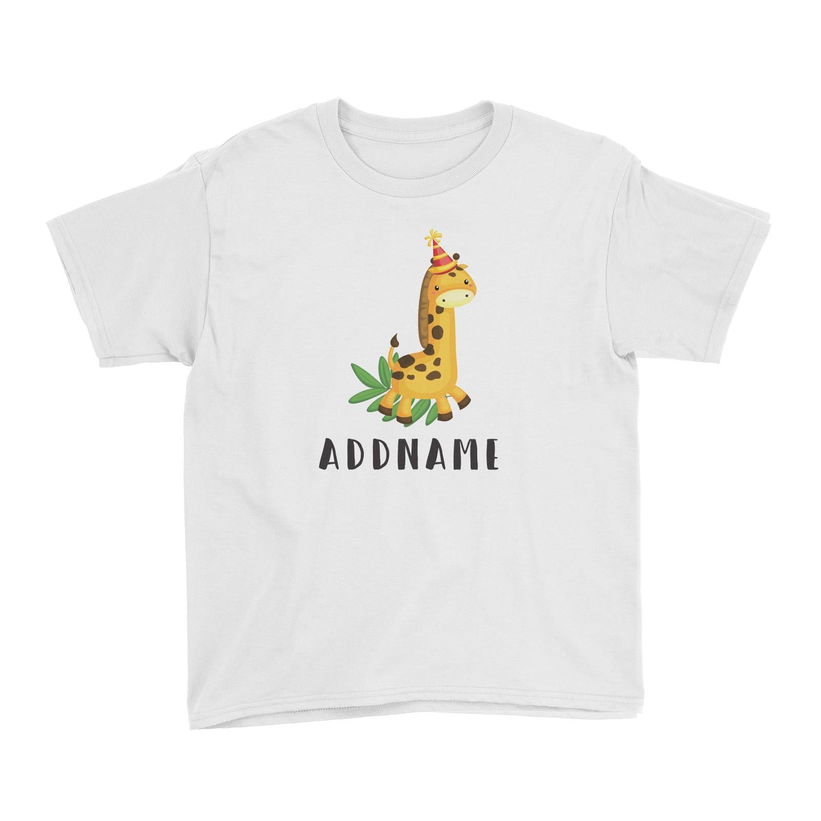 Birthday Safari Giraffa Wearing Party Hat Addname Kid's T-Shirt