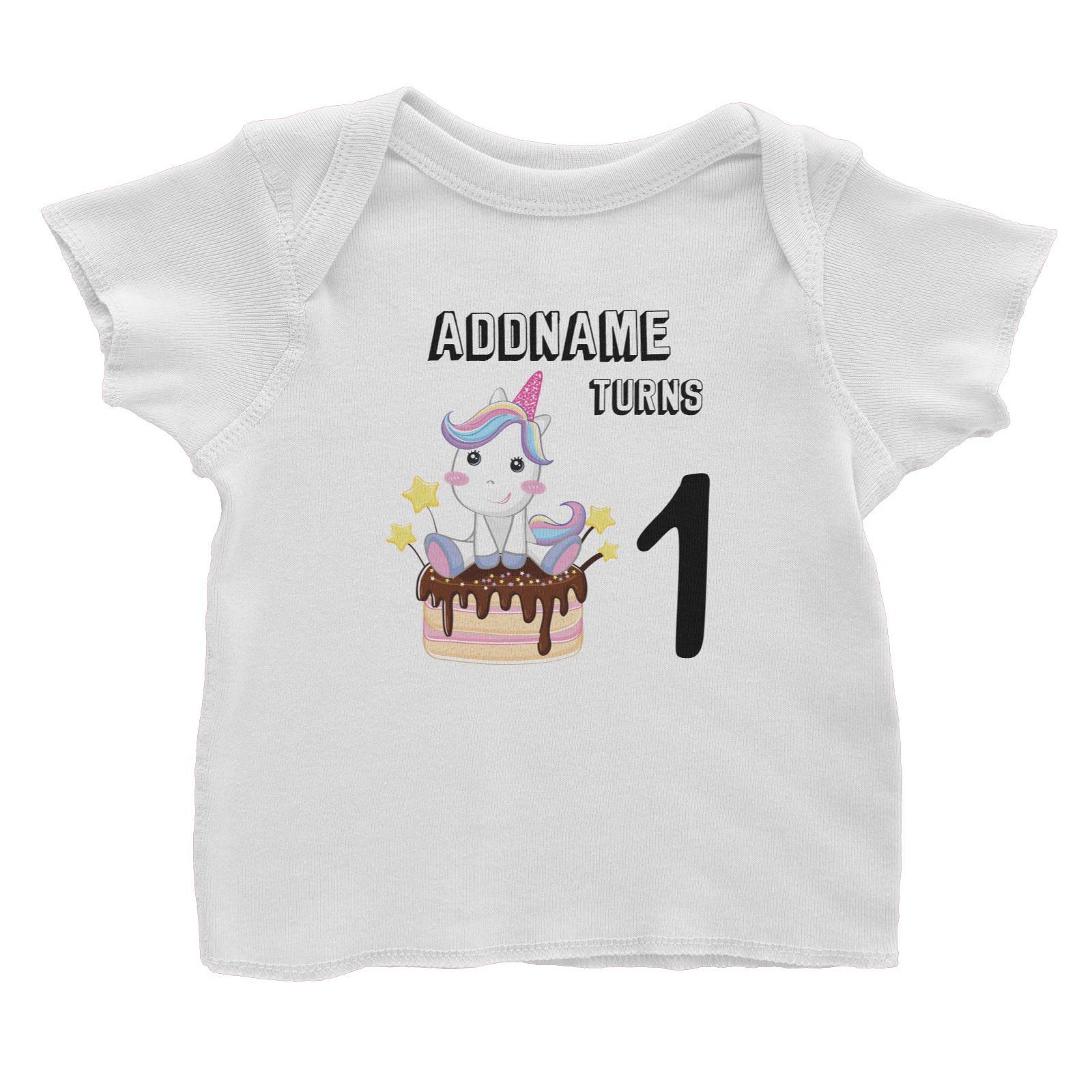 Birthday Unicorn With Cake Addname Turns 1 Baby T-Shirt
