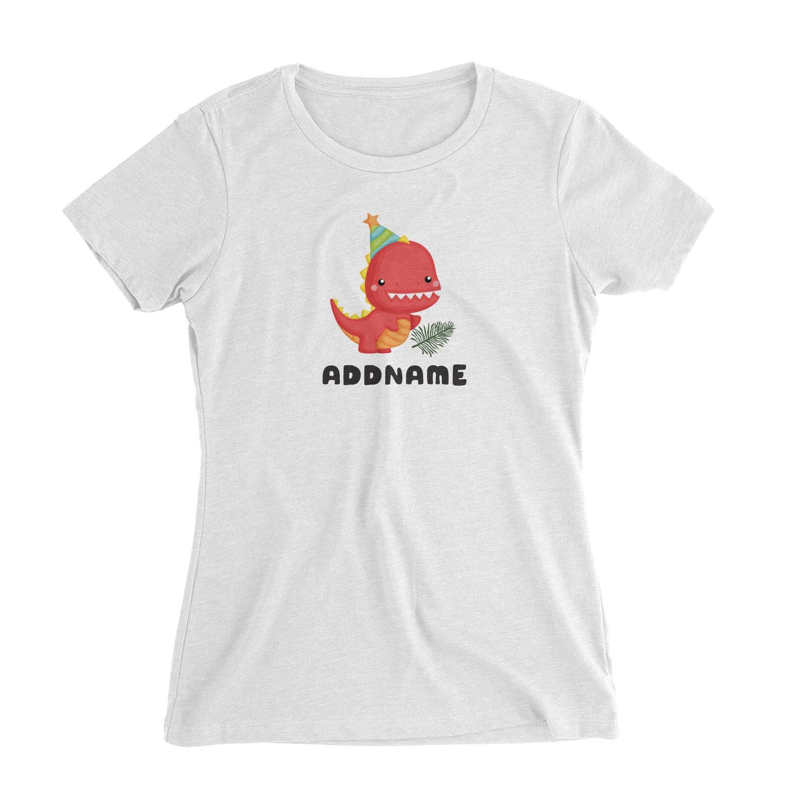 Birthday Dinosaur Happy Red Rex Wearing Party Hat Addname Women's Slim Fit T-Shirt