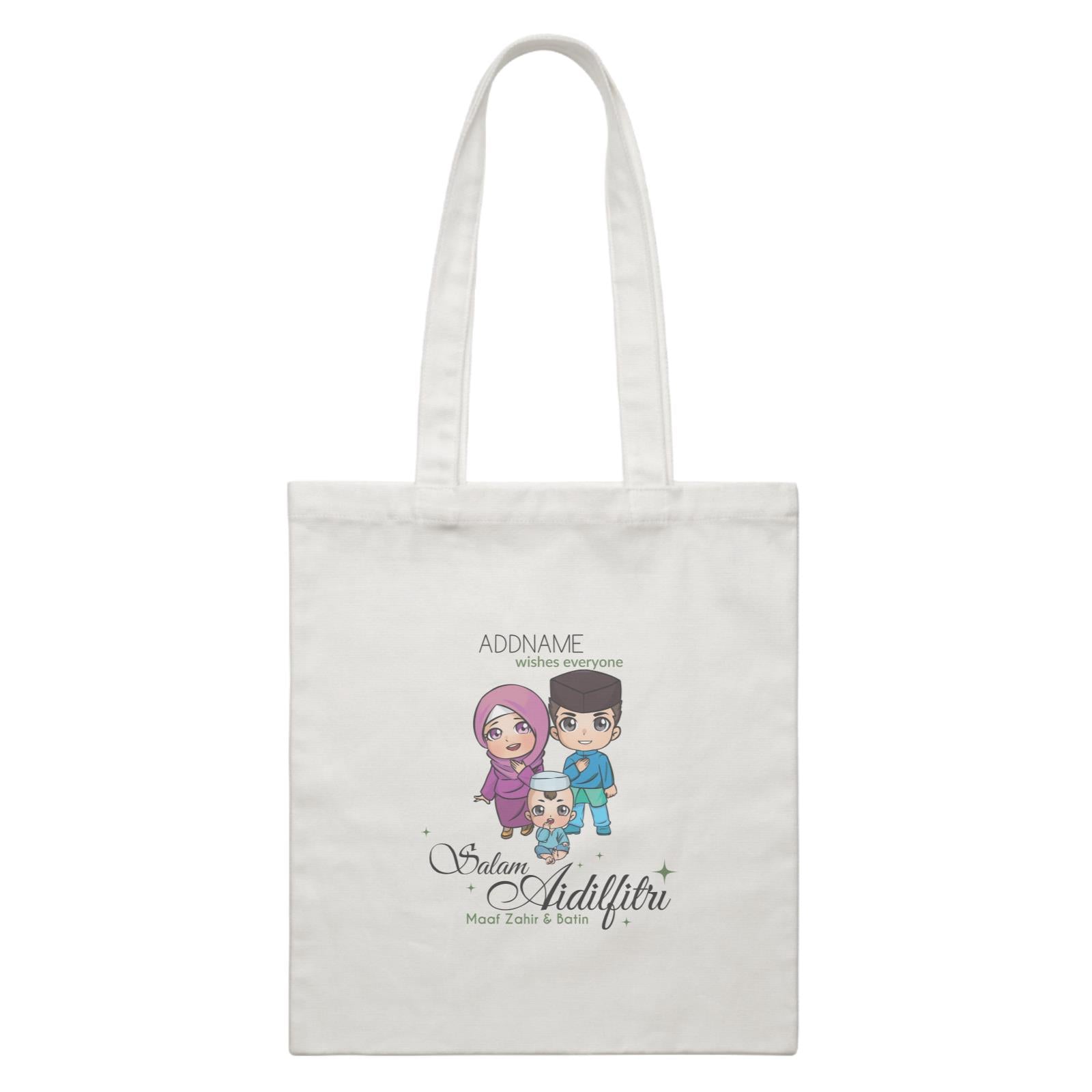 Raya Chibi Family And Baby Boy Addname Wishes Everyone Salam Aidilfitri Maaf Zahir & Batin White Canvas Bag