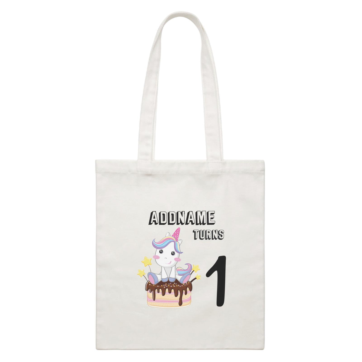 Birthday Unicorn With Cake Addname Turns 1 White Canvas Bag