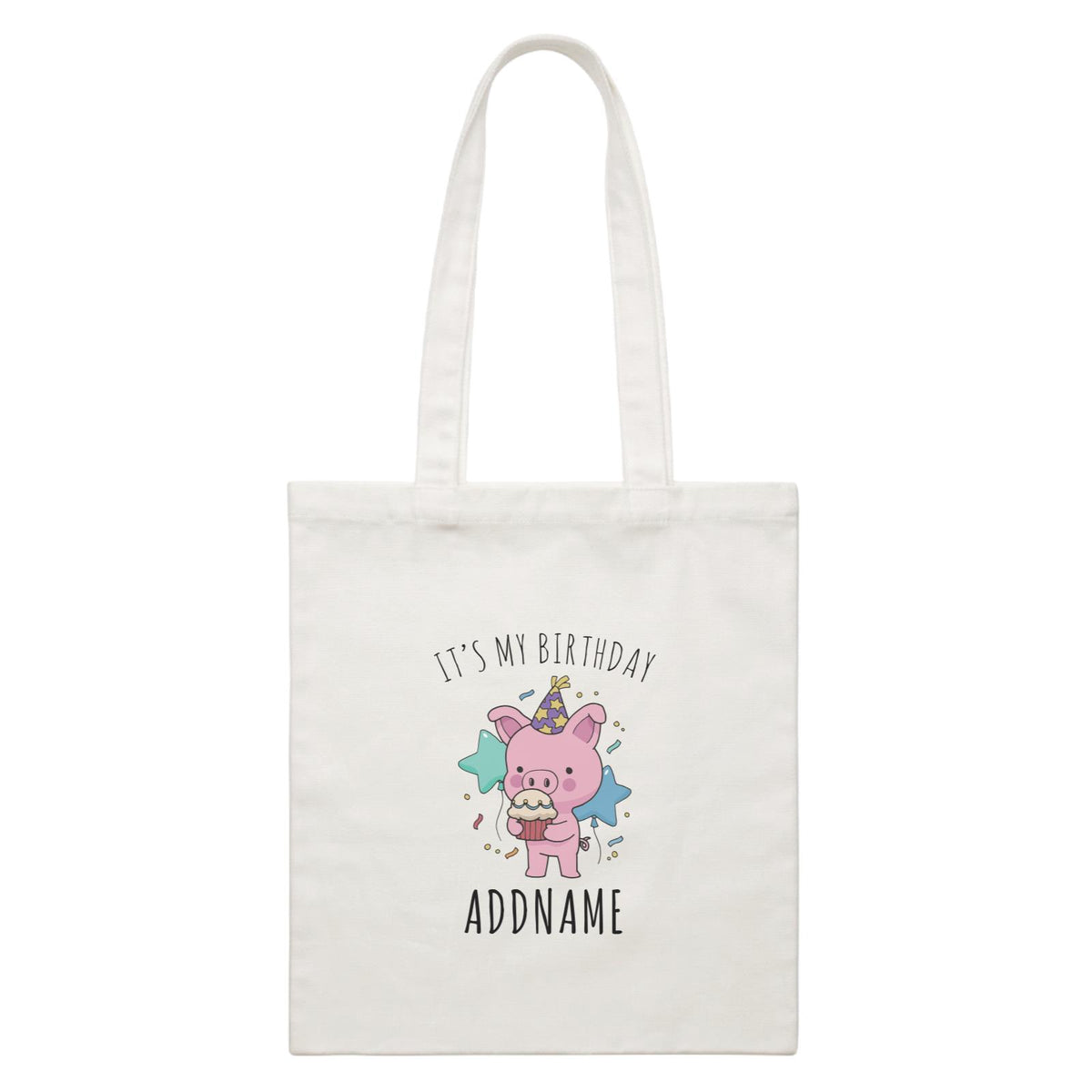 Birthday Sketch Animals Pig with Party Hat Eating Cupcake It's My Birthday Addname White Canvas Bag