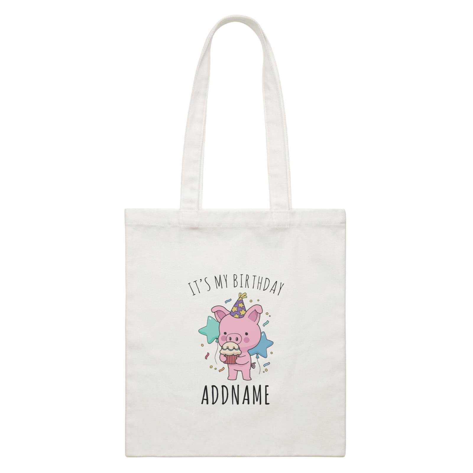 Birthday Sketch Animals Pig with Party Hat Eating Cupcake It's My Birthday Addname White Canvas Bag