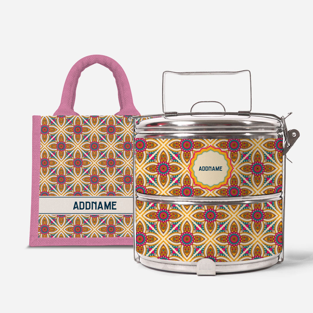Pookal Series Standard Two Tier Tiffin with Half Lining Lunch Bag - Vibrant Tiles Light Pink