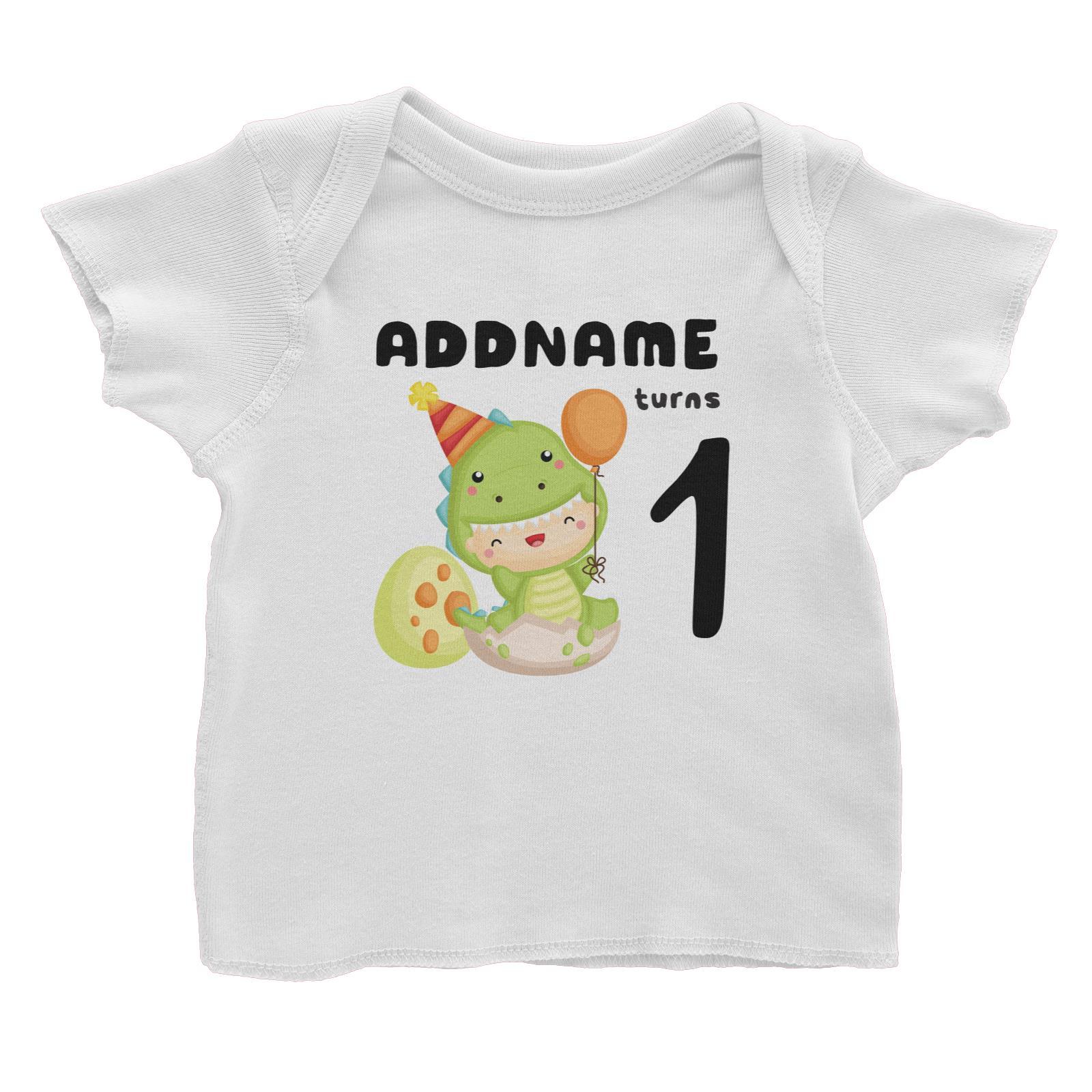 Birthday Dinosaur Happy Baby Wearing Dinosaur Suit Addname Turns 1 Baby T-Shirt