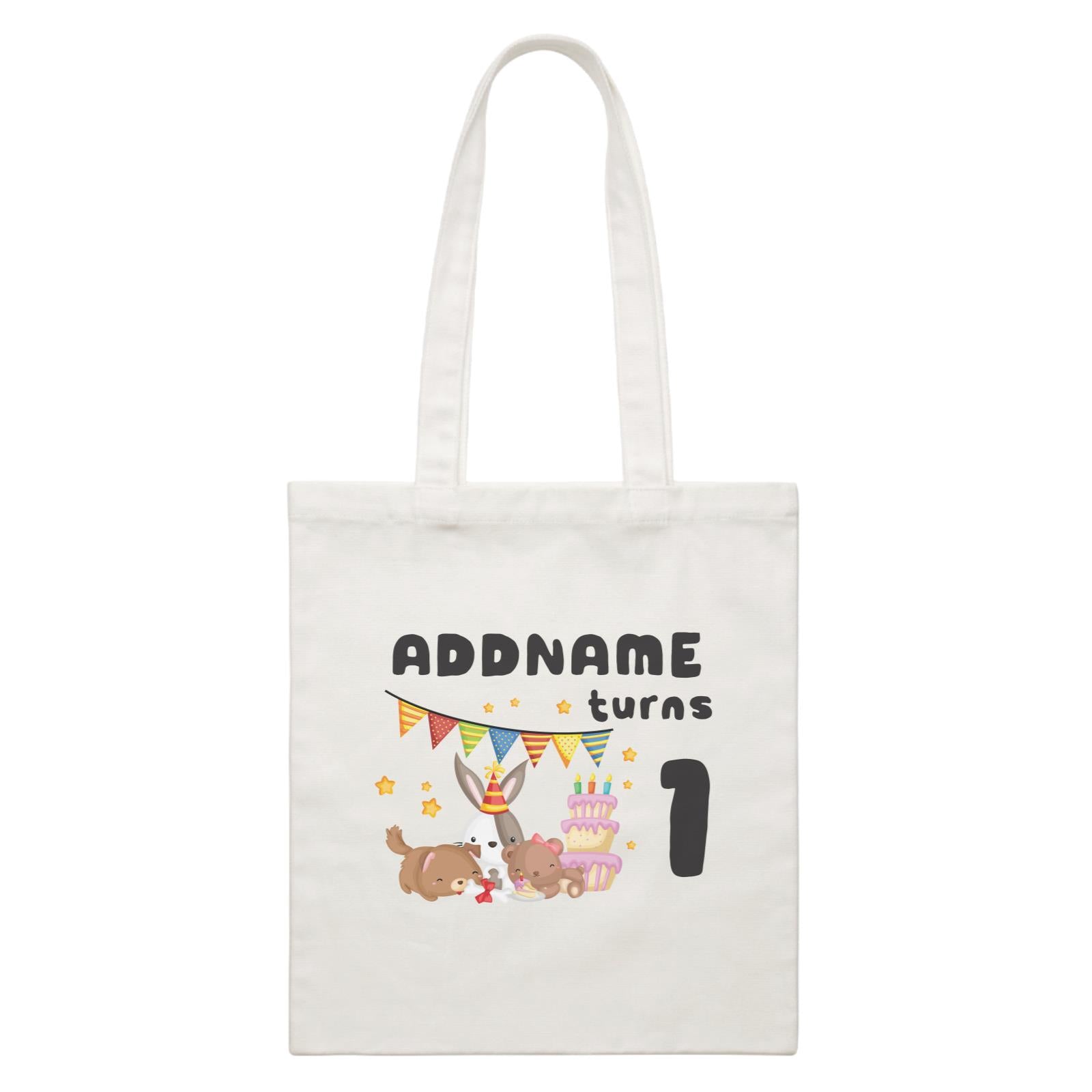 Birthday Friendly Animals Rabbit Bear And Dog Party Eating Cake Addname Turns 1 White Canvas Bag