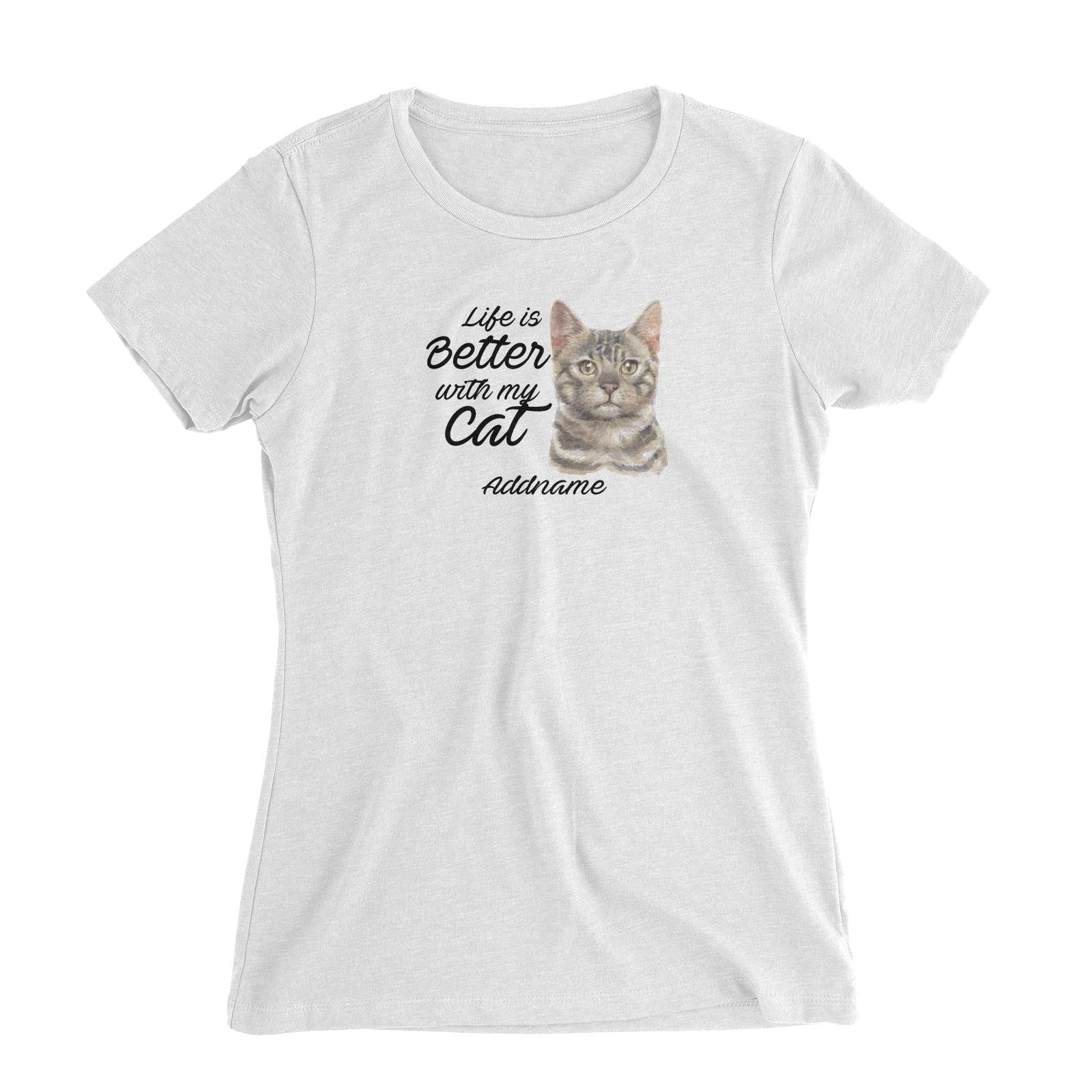 Watercolor Life is Better With My Cat Bengal Grey Addname Women's Slim Fit T-Shirt