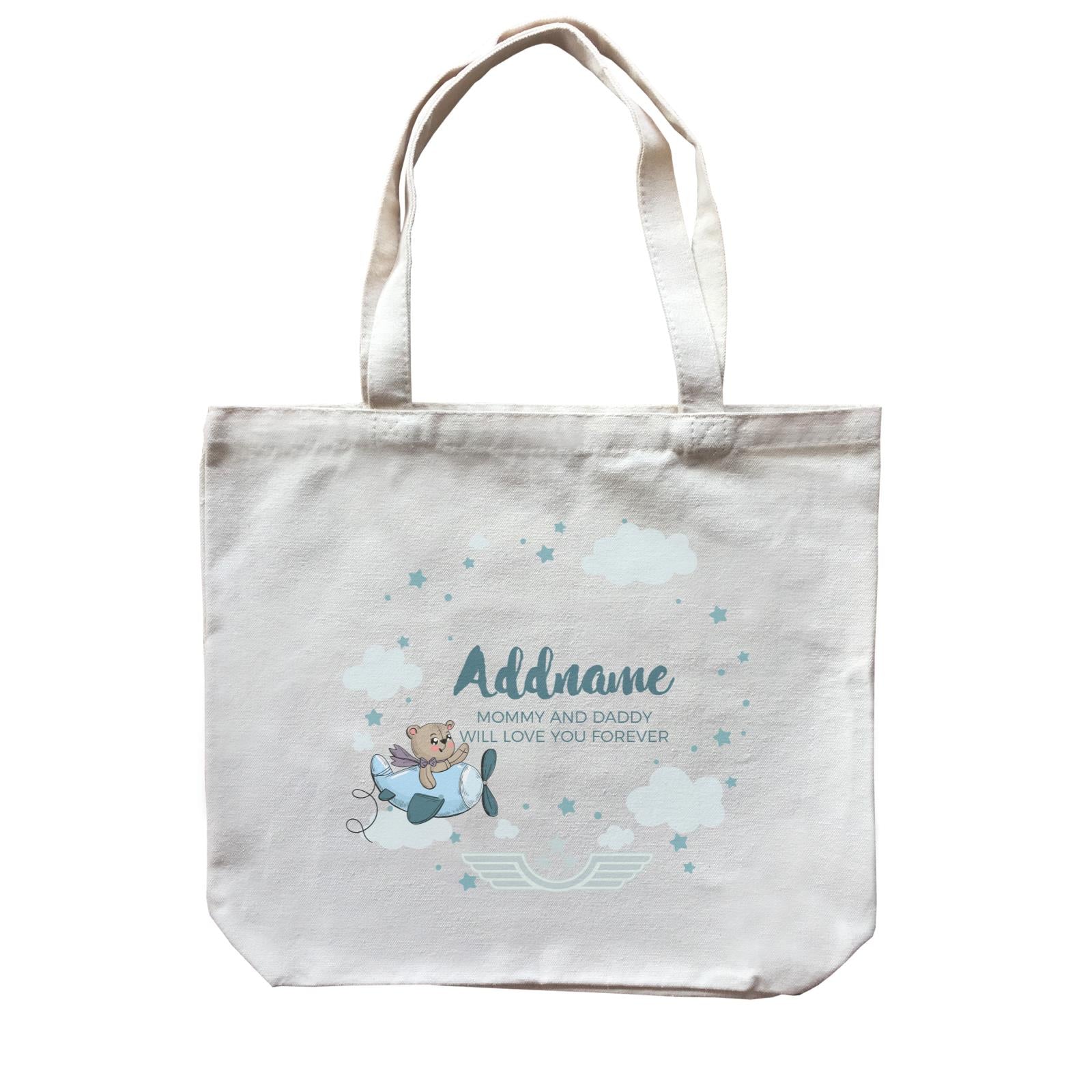 Cute Bear Pilot in Blue Plane Clouds and Stars Element Personalizable with Name and Text Canvas Bag