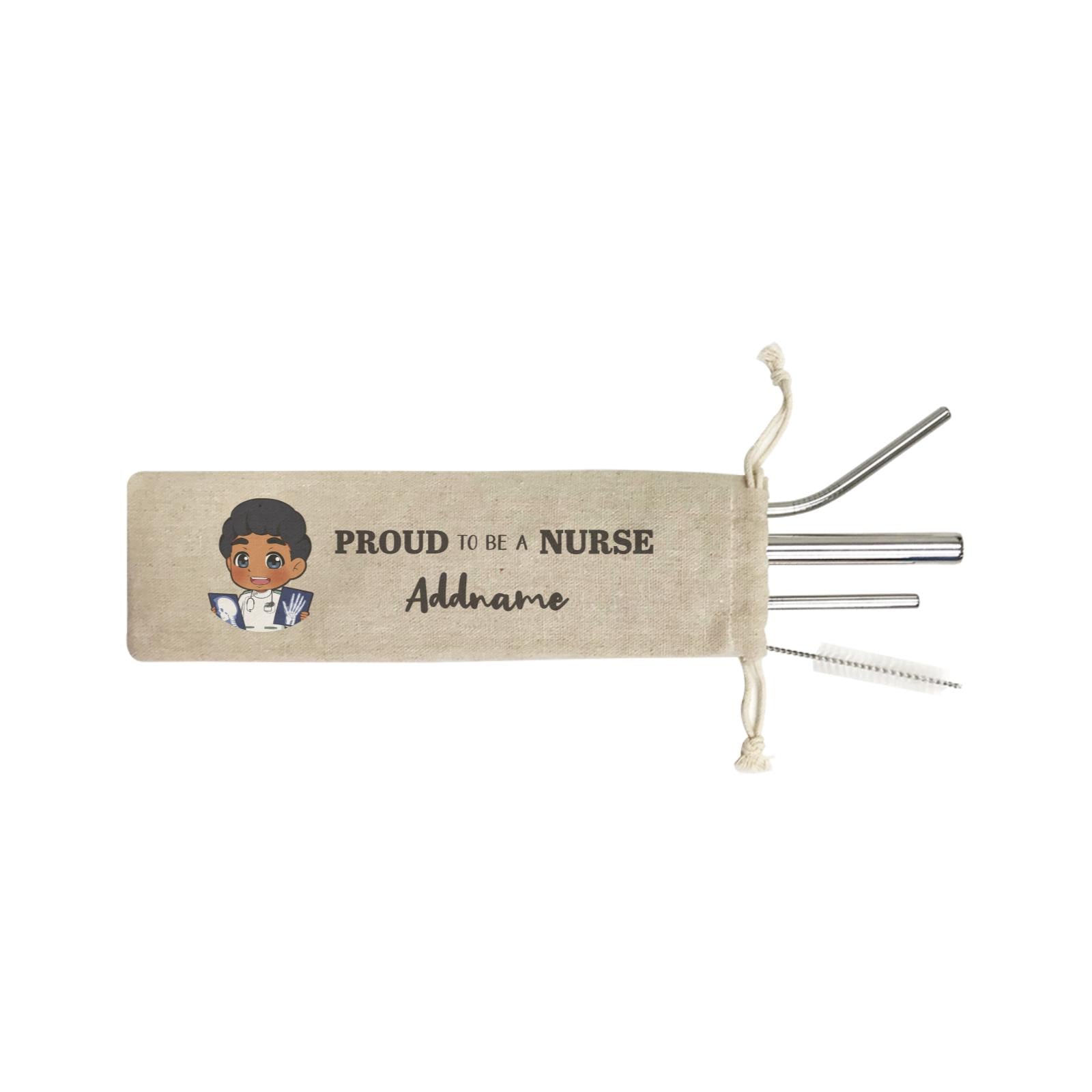 Proud To Be A Nurse Chibi Male Indian SB 4-in-1 Stainless Steel Straw Set In a Satchel