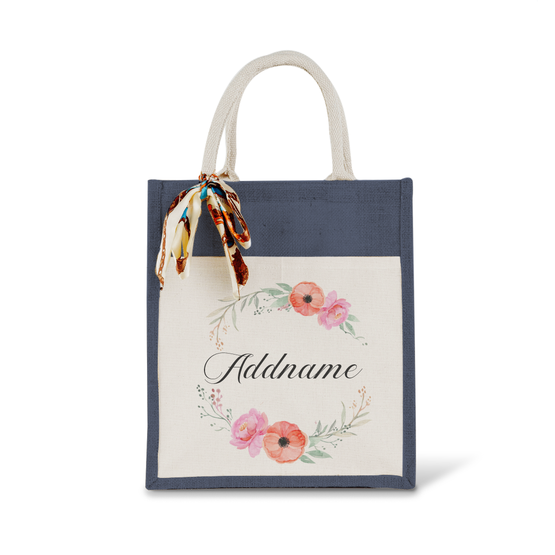 Elegant Flower Wreath Colourful Jute Bag With Front Pocket