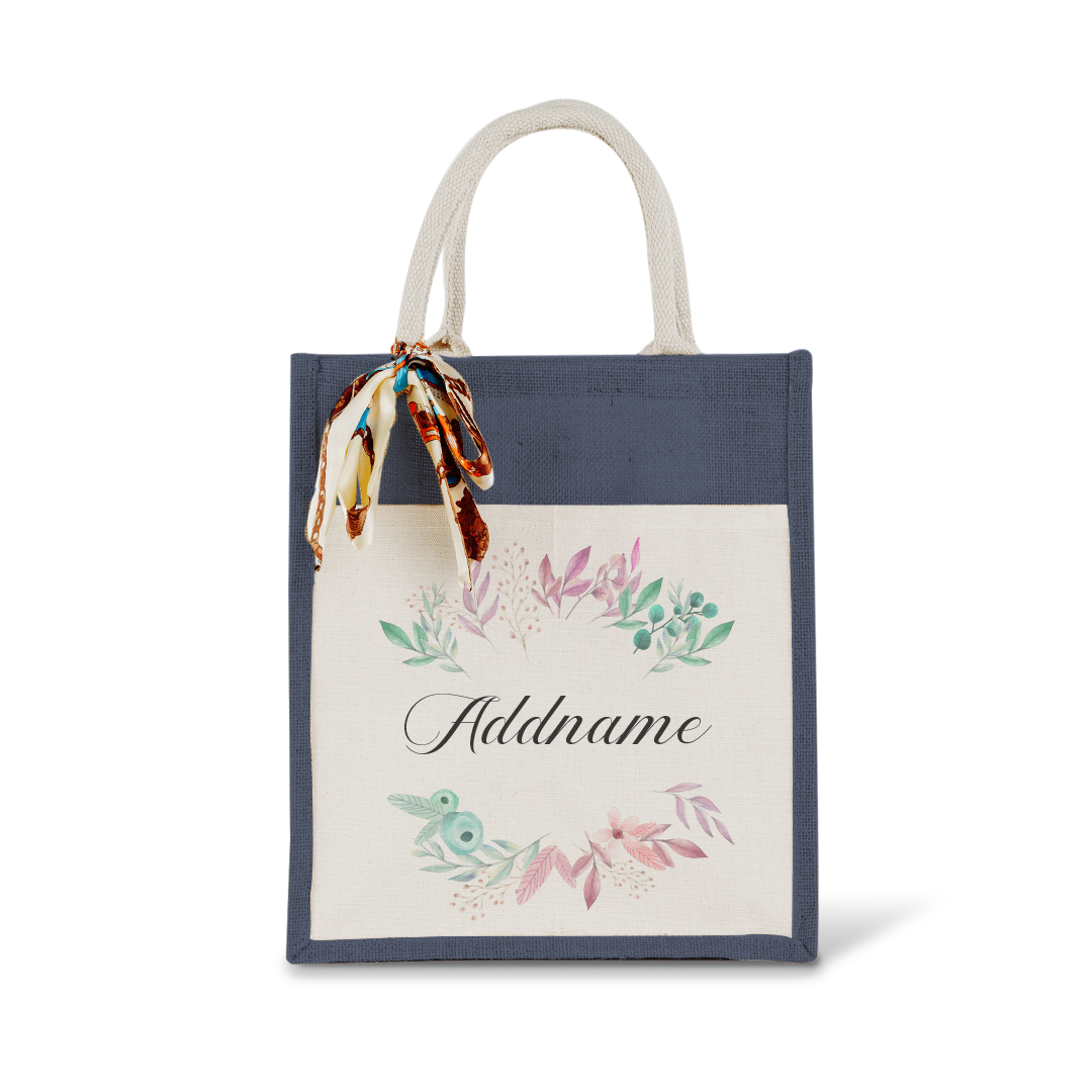 Flower Wreath With Leaves Colourful Jute Bag With Front Pocket