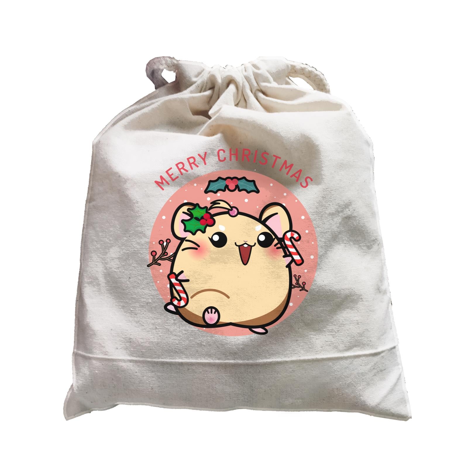 Merry Christmas Cute Santa Mistletoe Girl Hamster with Candy Cane Satchel