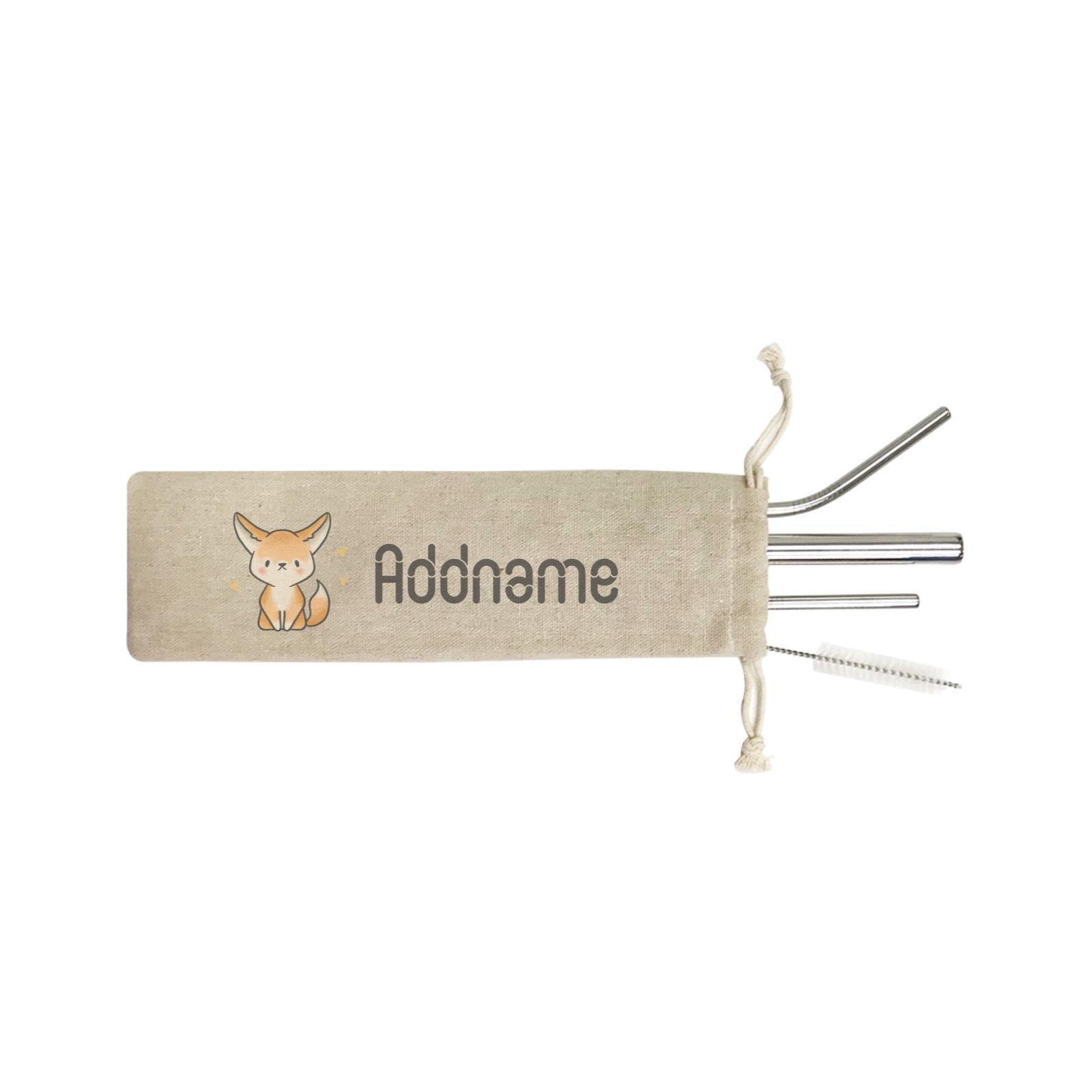 Cute Hand Drawn Style Fennec Fox Addname ST SZP 4-In-1 Stainless Steel Straw Set in Satchel