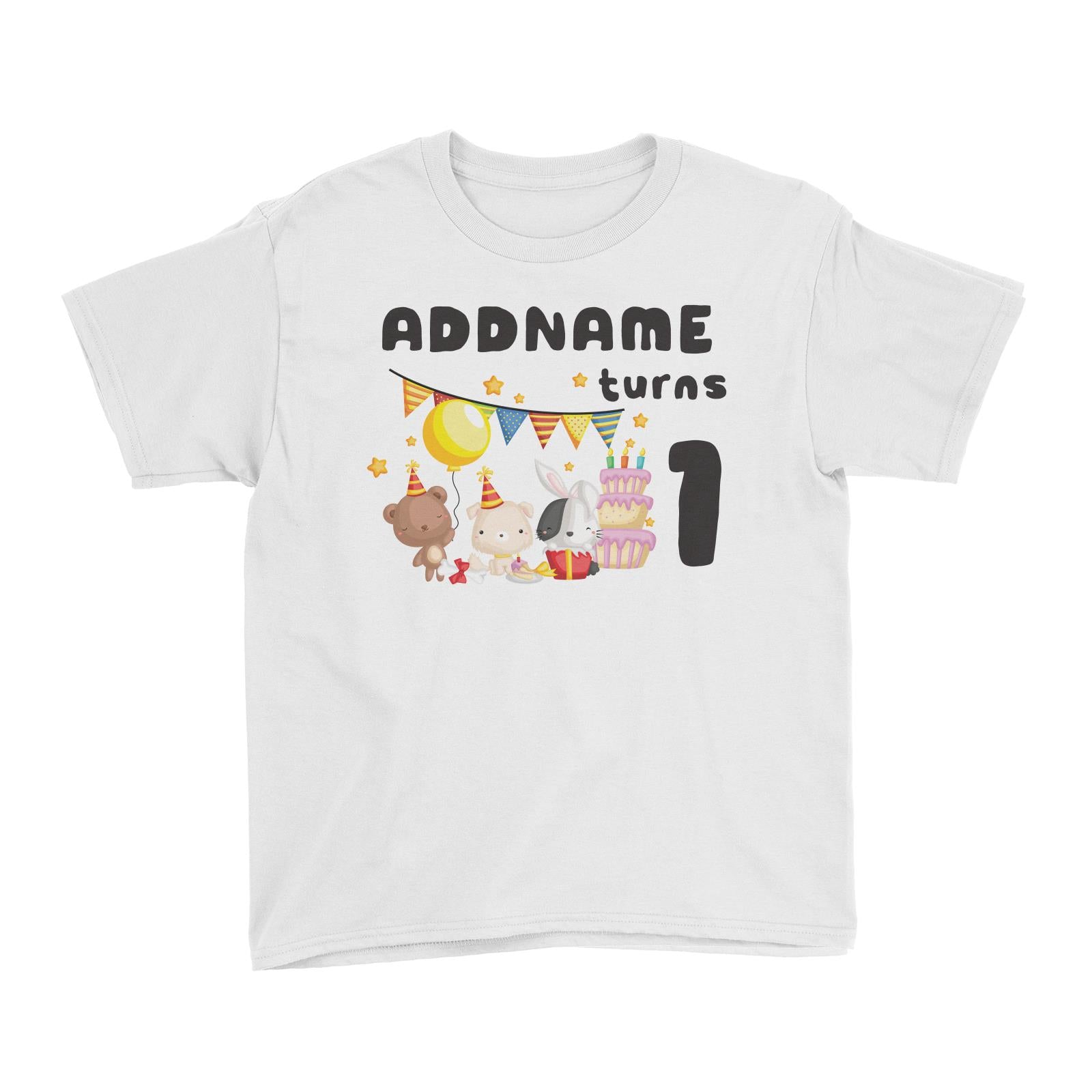 Birthday Friendly Animals Rabbit Bear And Dog Party Addname Turns 1 Kid's T-Shirt
