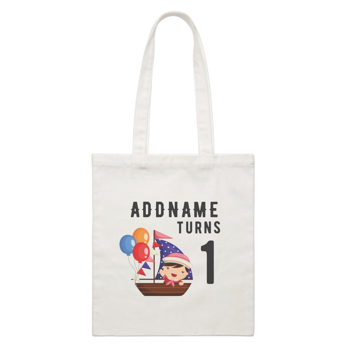 Birthday Sailor Baby Girl In Ship With Balloon Addname Turns 1 White Canvas Bag