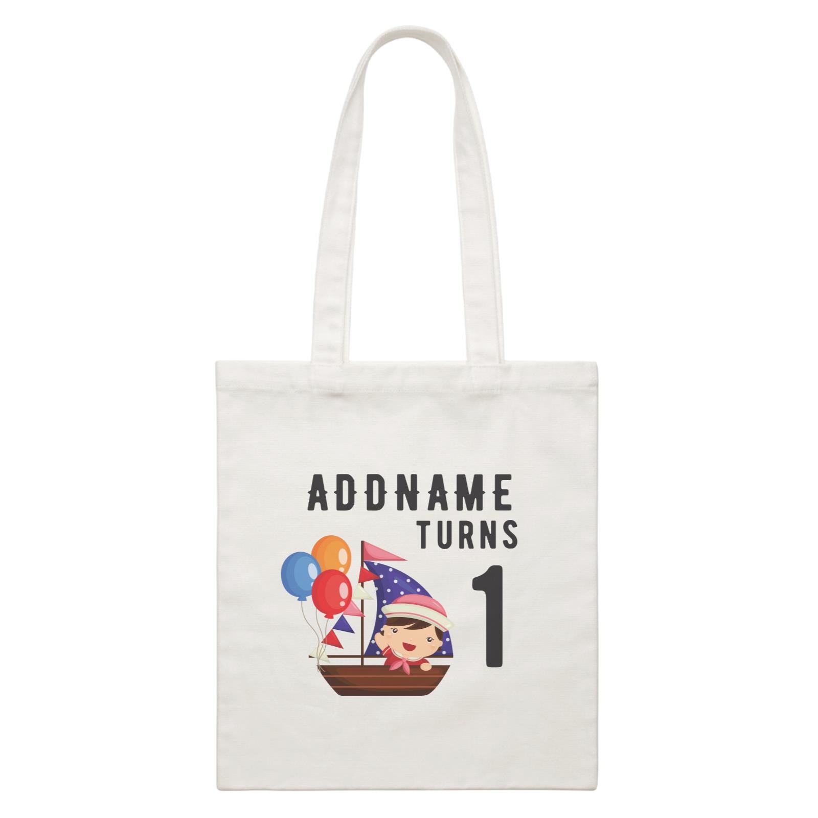 Birthday Sailor Baby Girl In Ship With Balloon Addname Turns 1 White Canvas Bag