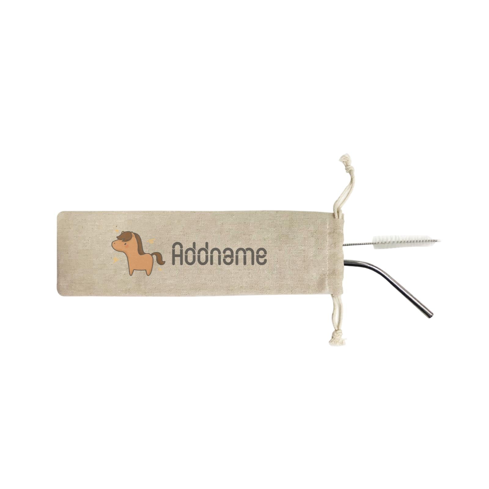 Cute Hand Drawn Style Horse Addname ST 2-in-1 Stainless Steel Straw Set In a Satchel