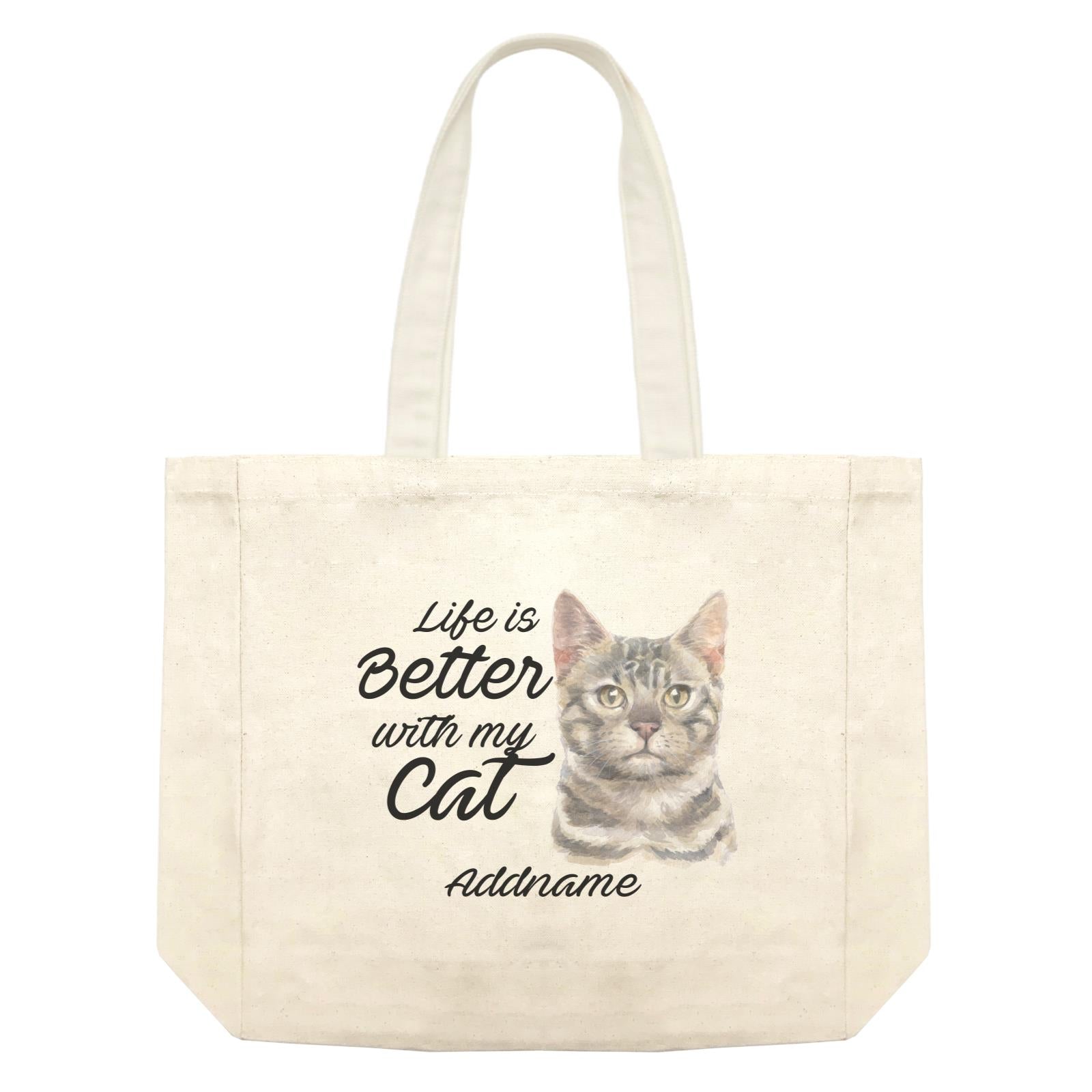 Watercolor Life is Better With My Cat Bengal Grey Addname Shopping Bag