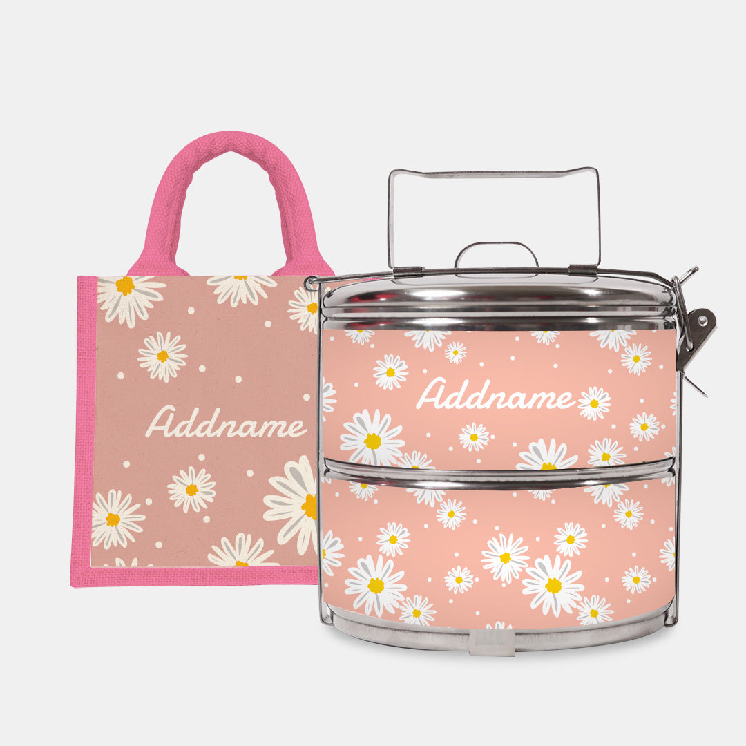 Daisy Series Half Lining Lunch Bag Wtih Standard Two Tier Tiffin Carrier - Coral Light Pink