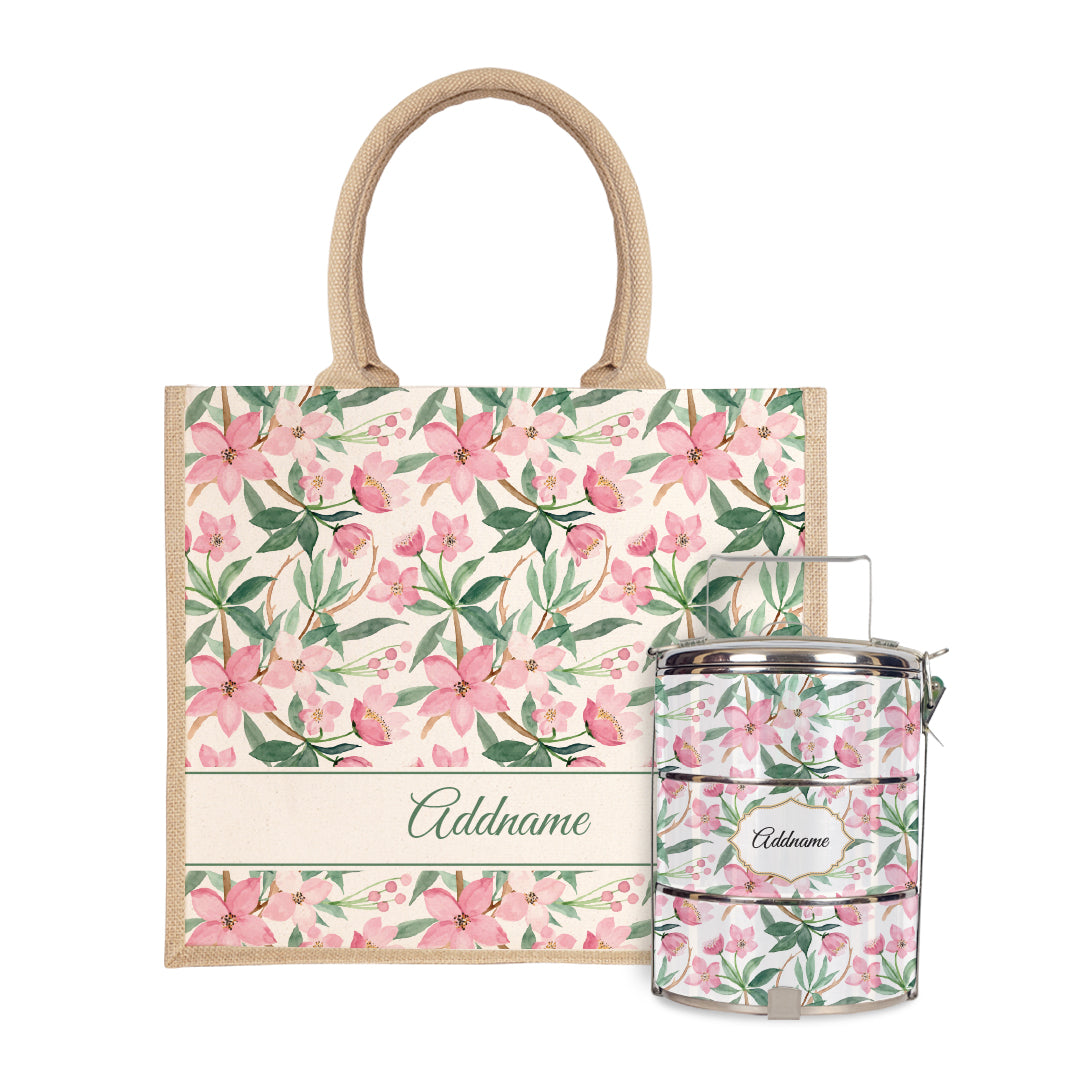 Laura Series - Blossom Half Lining Jute Bag with Tiffin Carrier
