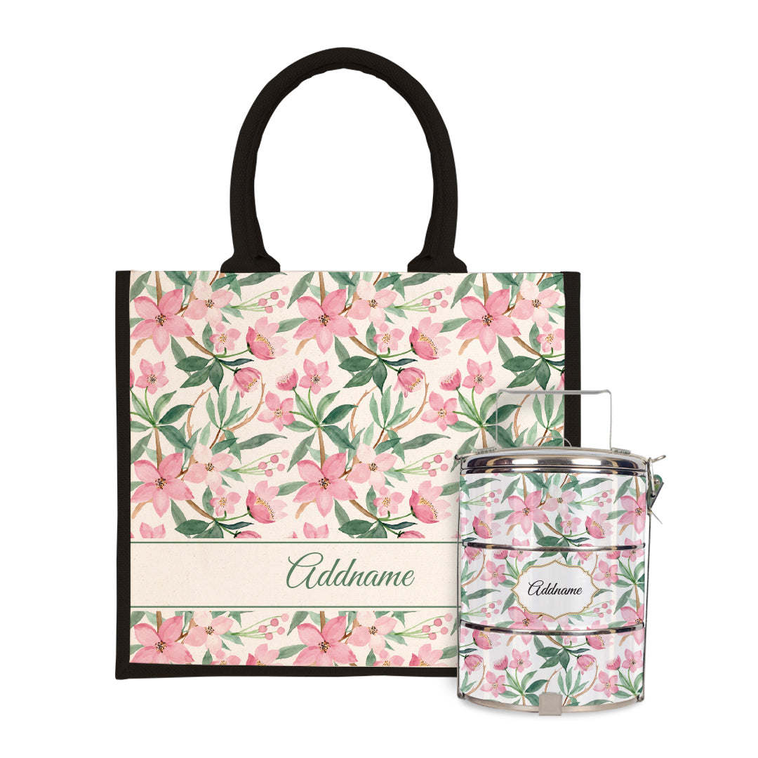 Laura Series - Blossom Half Lining Jute Bag with Tiffin Carrier