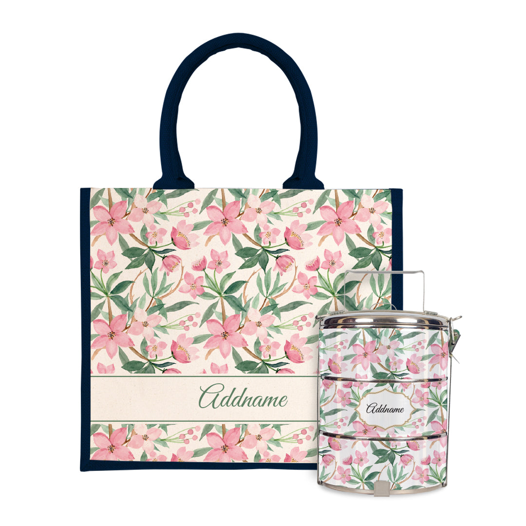 Laura Series - Blossom Half Lining Jute Bag with Tiffin Carrier