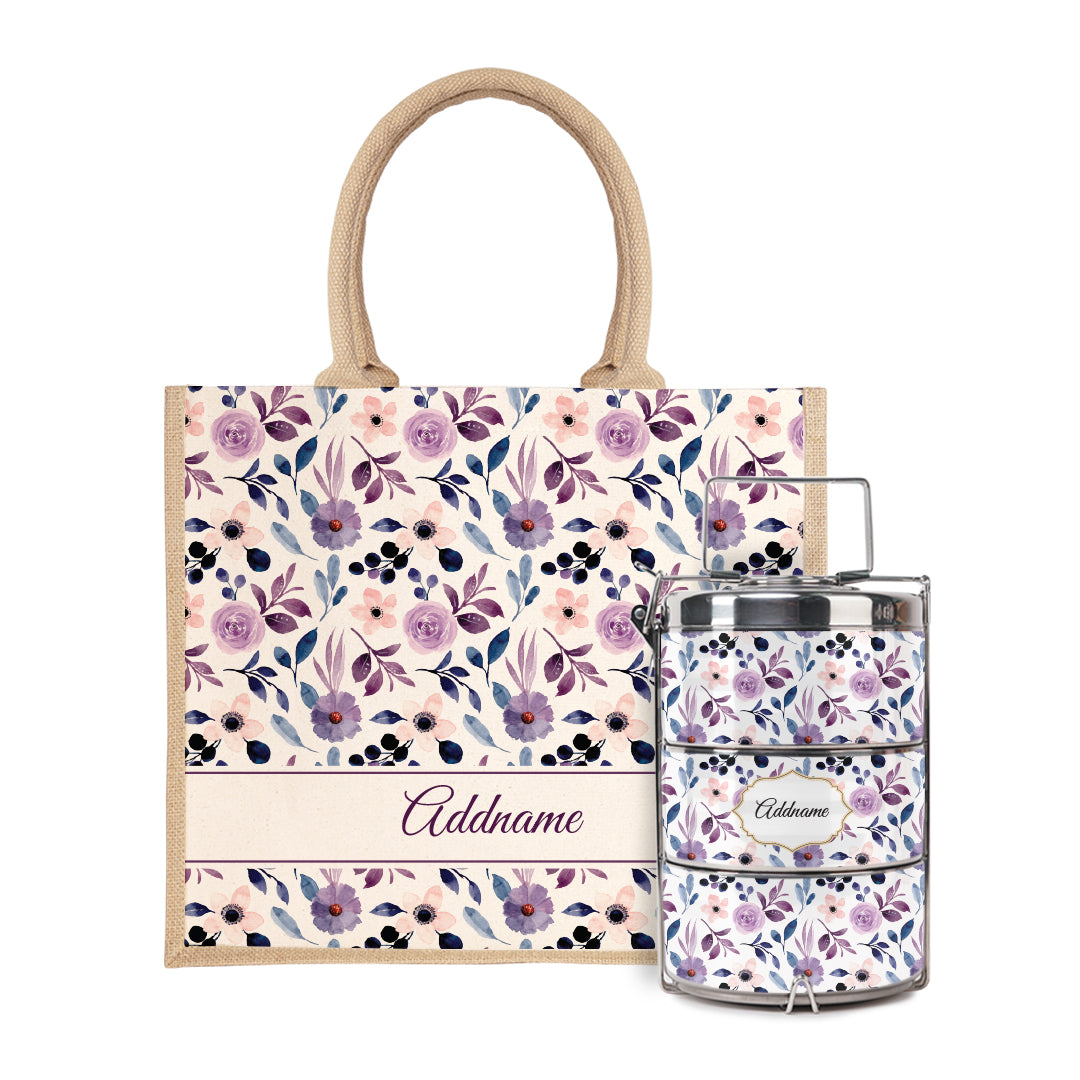 Laura Series - Violet Half Lining Jute Bag with Tiffin Carrier