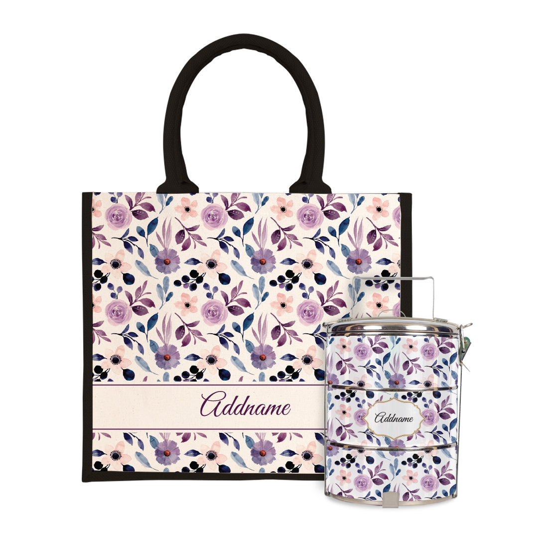 Laura Series - Violet Half Lining Jute Bag with Tiffin Carrier