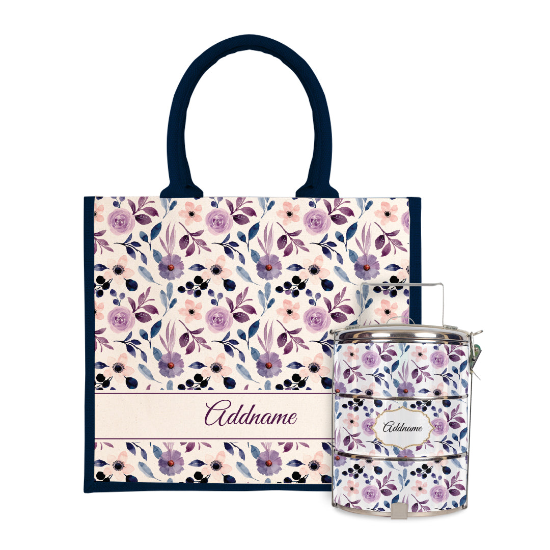 Laura Series - Violet Half Lining Jute Bag with Tiffin Carrier