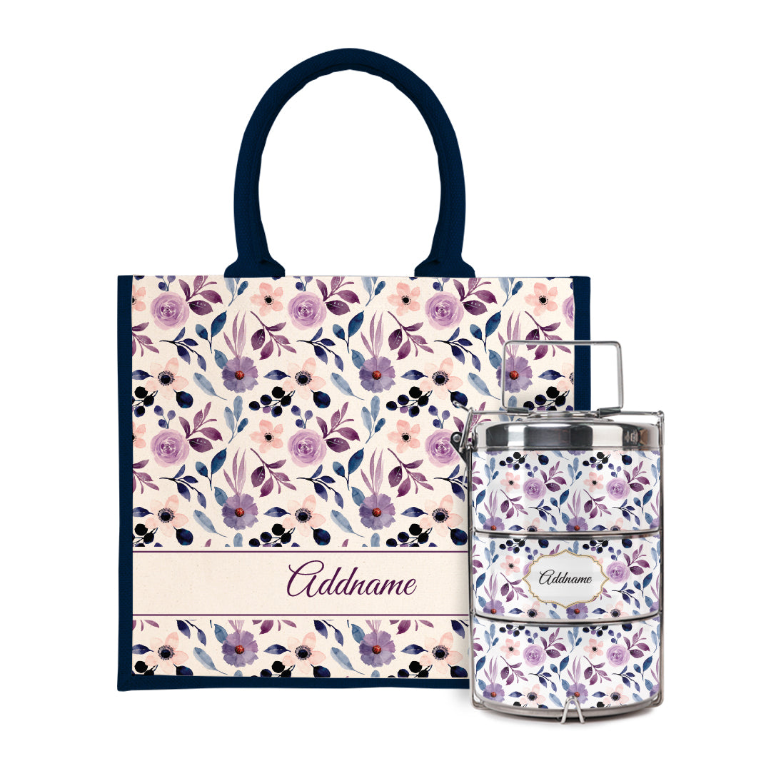 Laura Series - Violet Half Lining Jute Bag with Tiffin Carrier