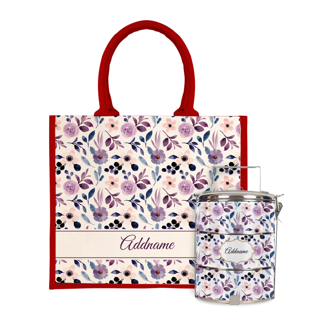 Laura Series - Violet Half Lining Jute Bag with Tiffin Carrier